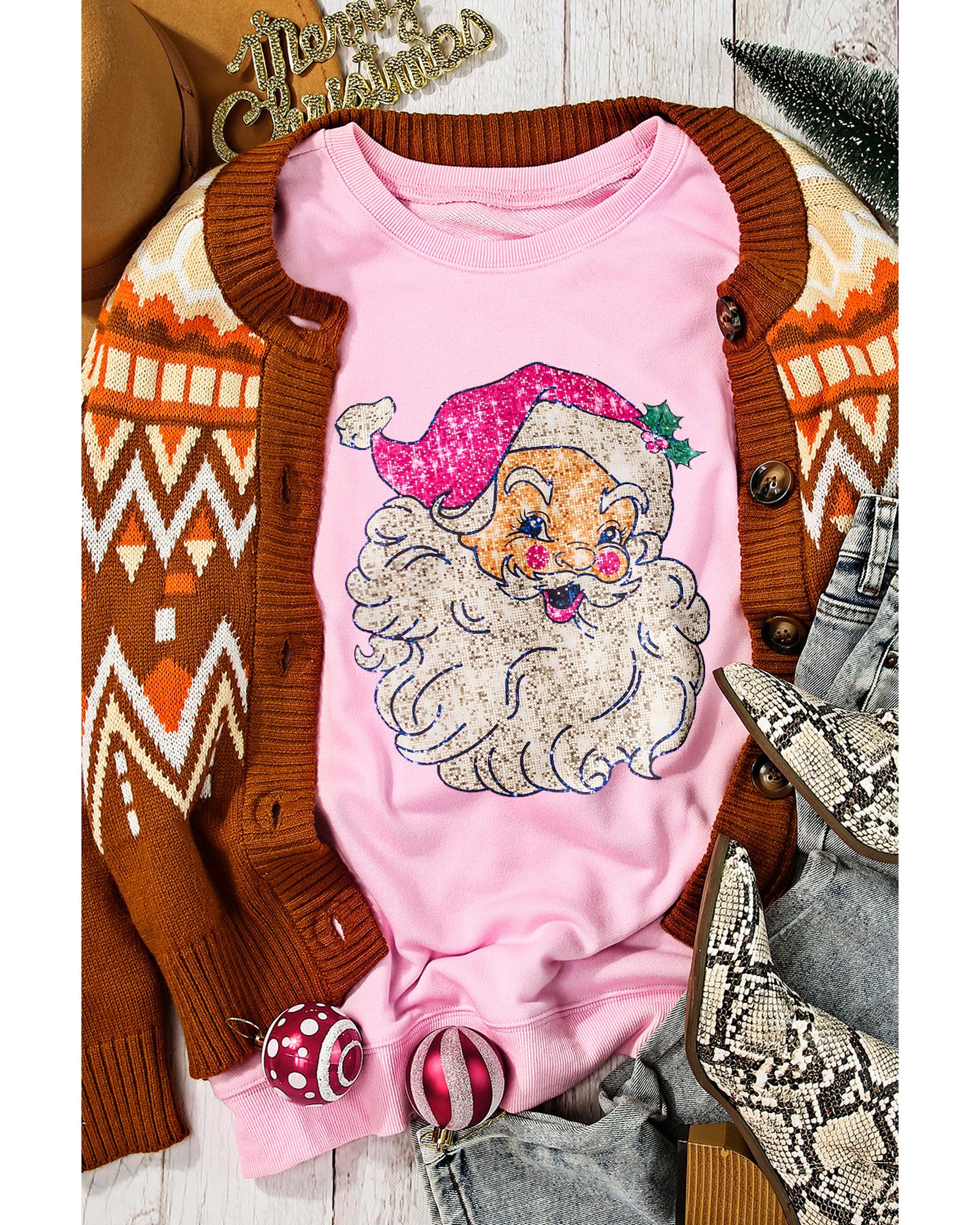 V539-AZEXDC25318595-10-S-202506131210-00 Pink Bold Christmas Claus Graphic Drop Shoulder Sweatshirt - S - Image 1