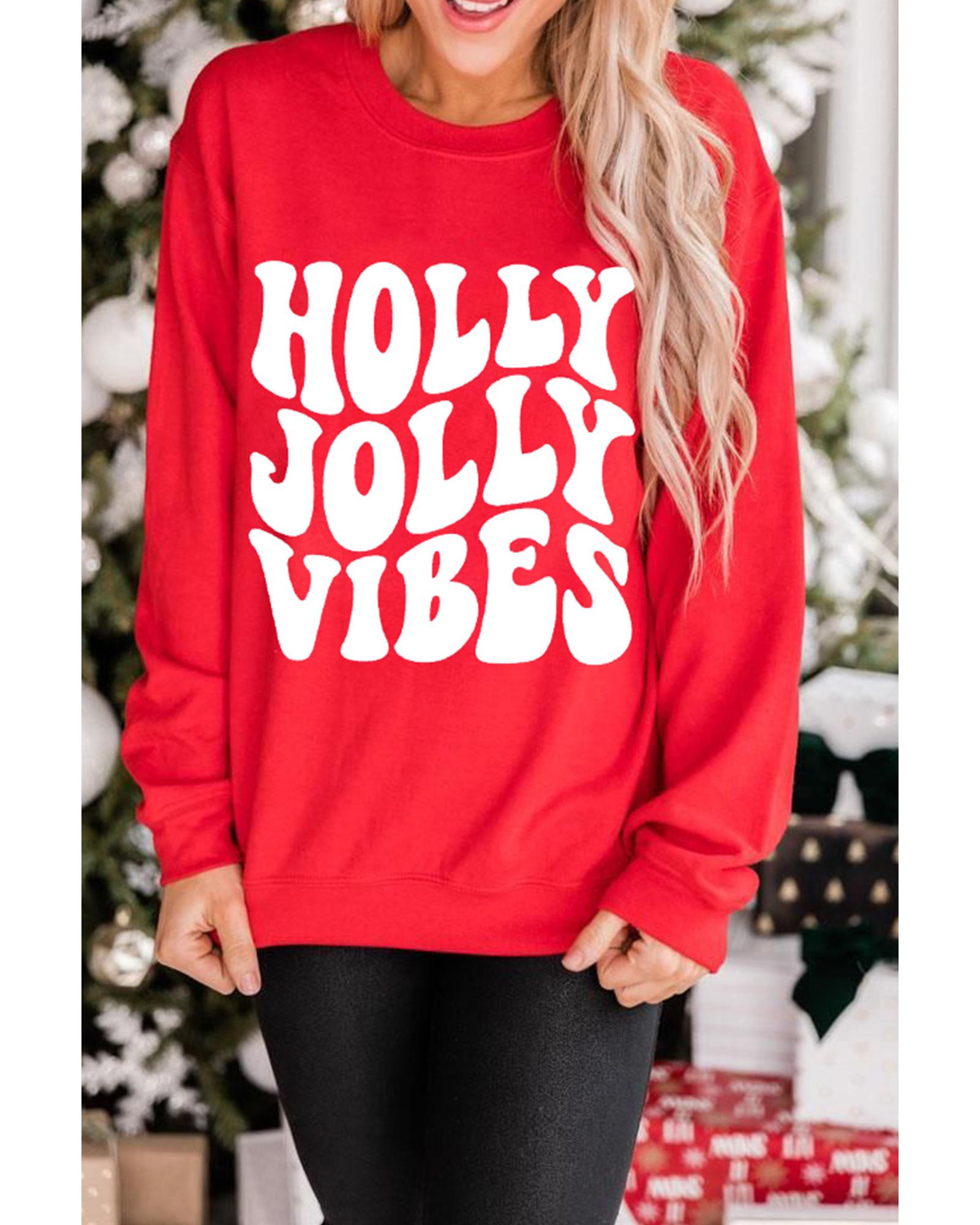 V539-AZEXDC25318597-3-S-202506131222-00 Red HOLLY JOLLY VIBES Graphic Crewneck Christmas Sweatshirt - S - Image 1