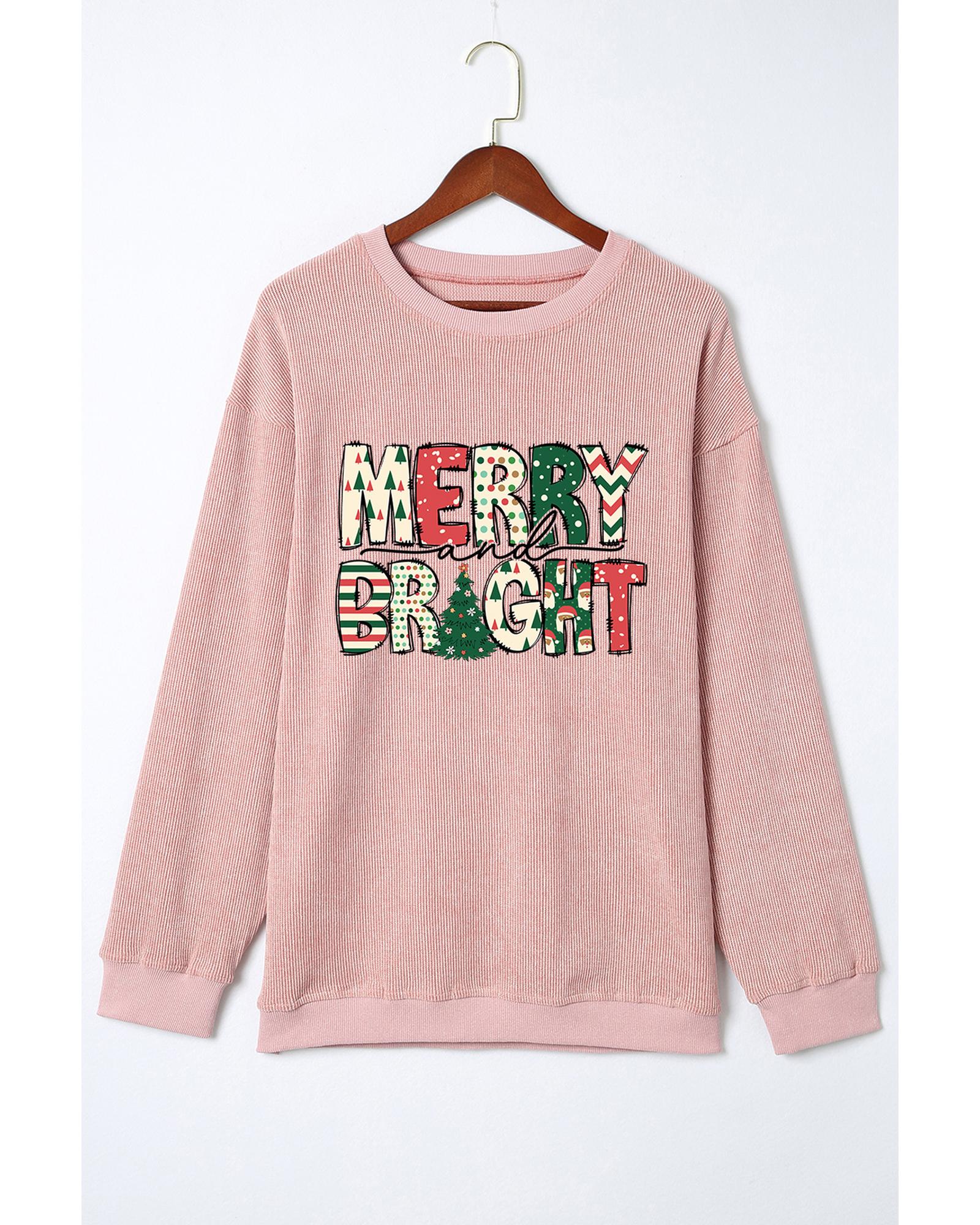 V539-AZEXDC25318642-10-L-202508281610-00 Pink MERRY and BRIGHT Christmas Tree Print Ribbed Sweatshirt - L - Image 1