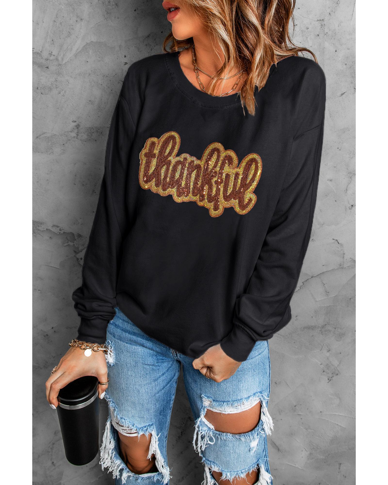 V539-AZEXDC25318645-2-L-202508290120-00 Black Glittering thankful Graphic Drop Shoulder Sweatshirt - L - Image 1