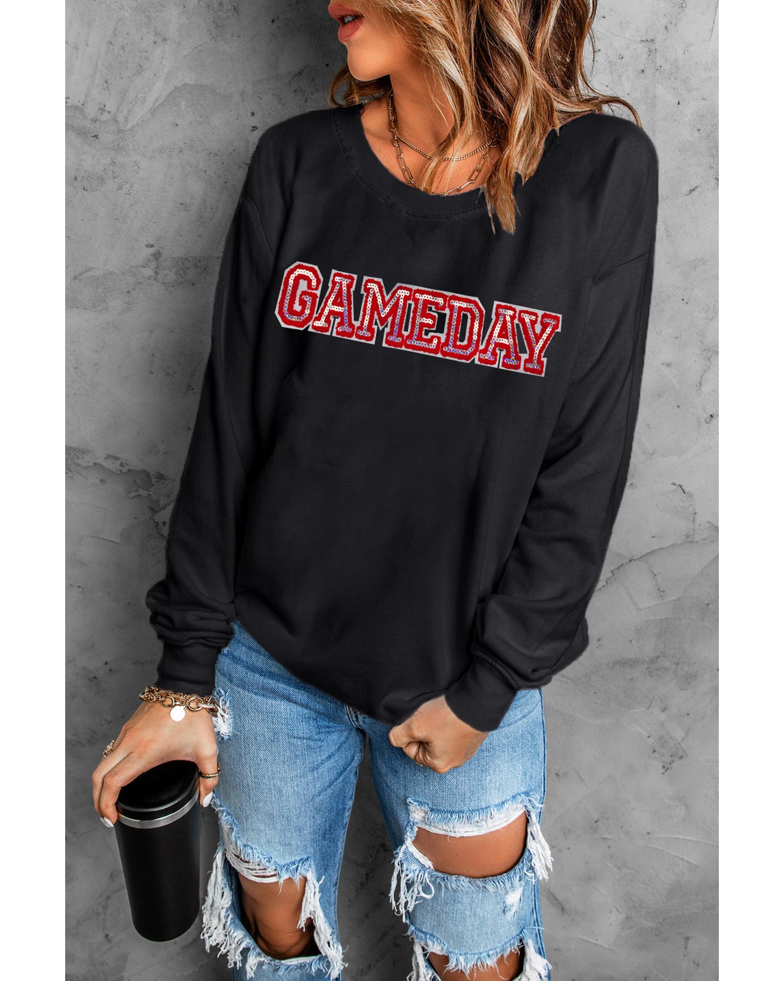 V539-AZEXDC25318646-2-S-202506131310-00 Black Sequined GAME DAY Rugby Football Season Sweatshirt - S - Image 1
