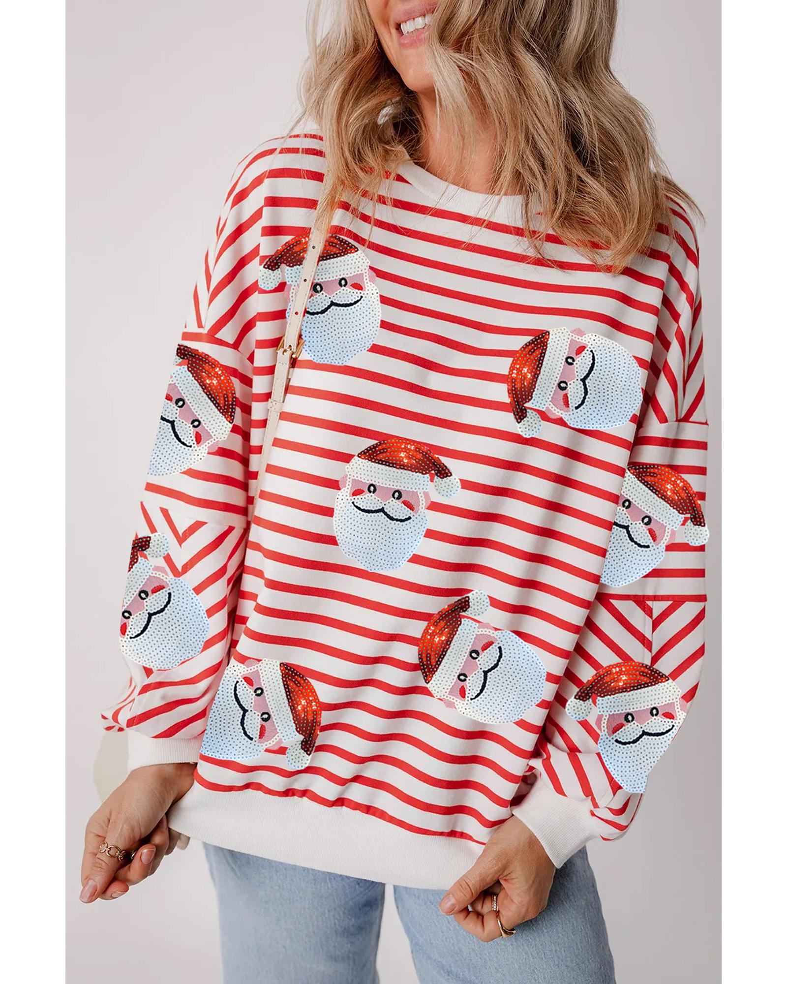 V539-AZEXDC25318679-P1419-S-202506130737-00 Orange Stripe Striped Sequin Santa Claus Pattern Christmas Pullover Sweatshirt - S - Image 1