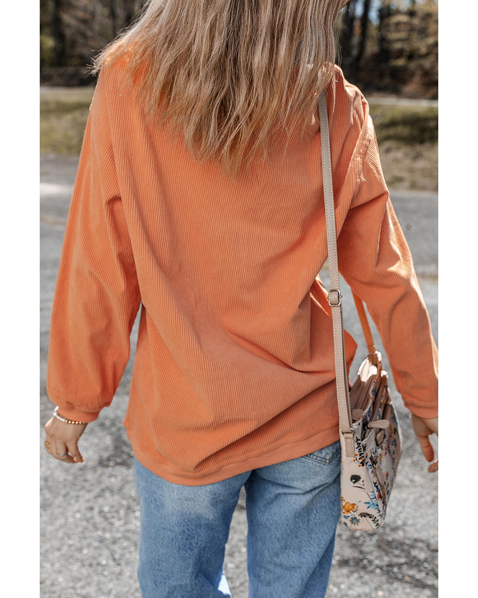 V539-AZEXDC25318688-2014-M-202508280525-00 Orange Thankful Ribbed Crew Neck Thanksgiving Sweatshirt - M - Image 1