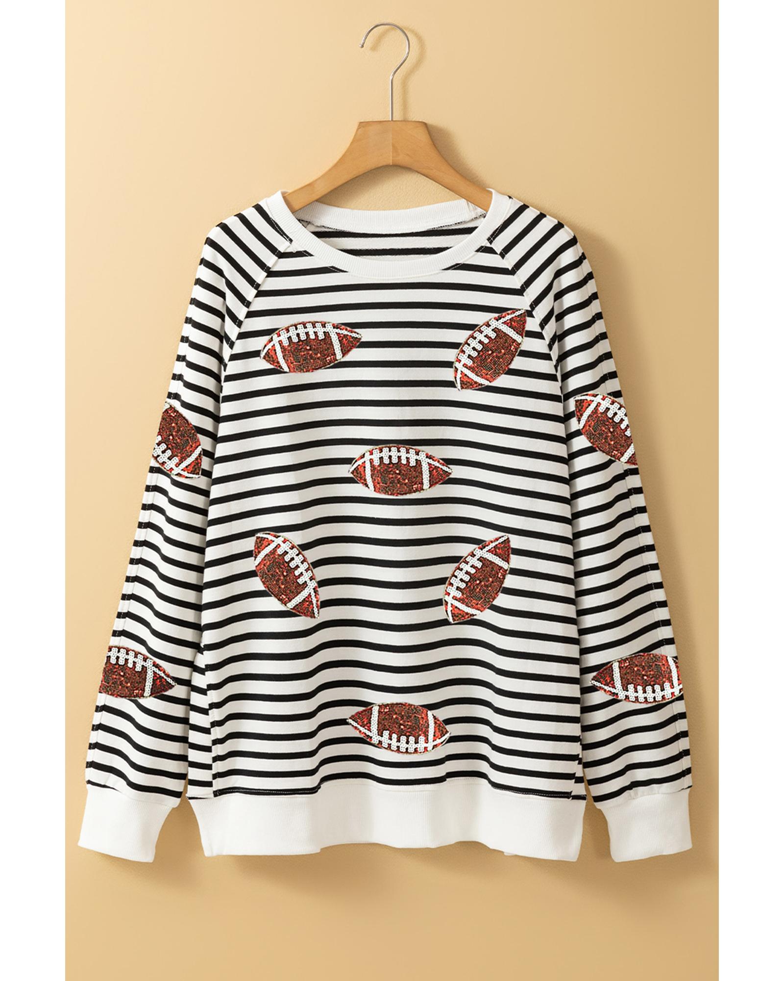 V539-AZEXDC25318690-P219-M-202508291730-00 Black Stripe Sequin Rugby Football Side Slits Oversized Sweatshirt - M - Image 1
