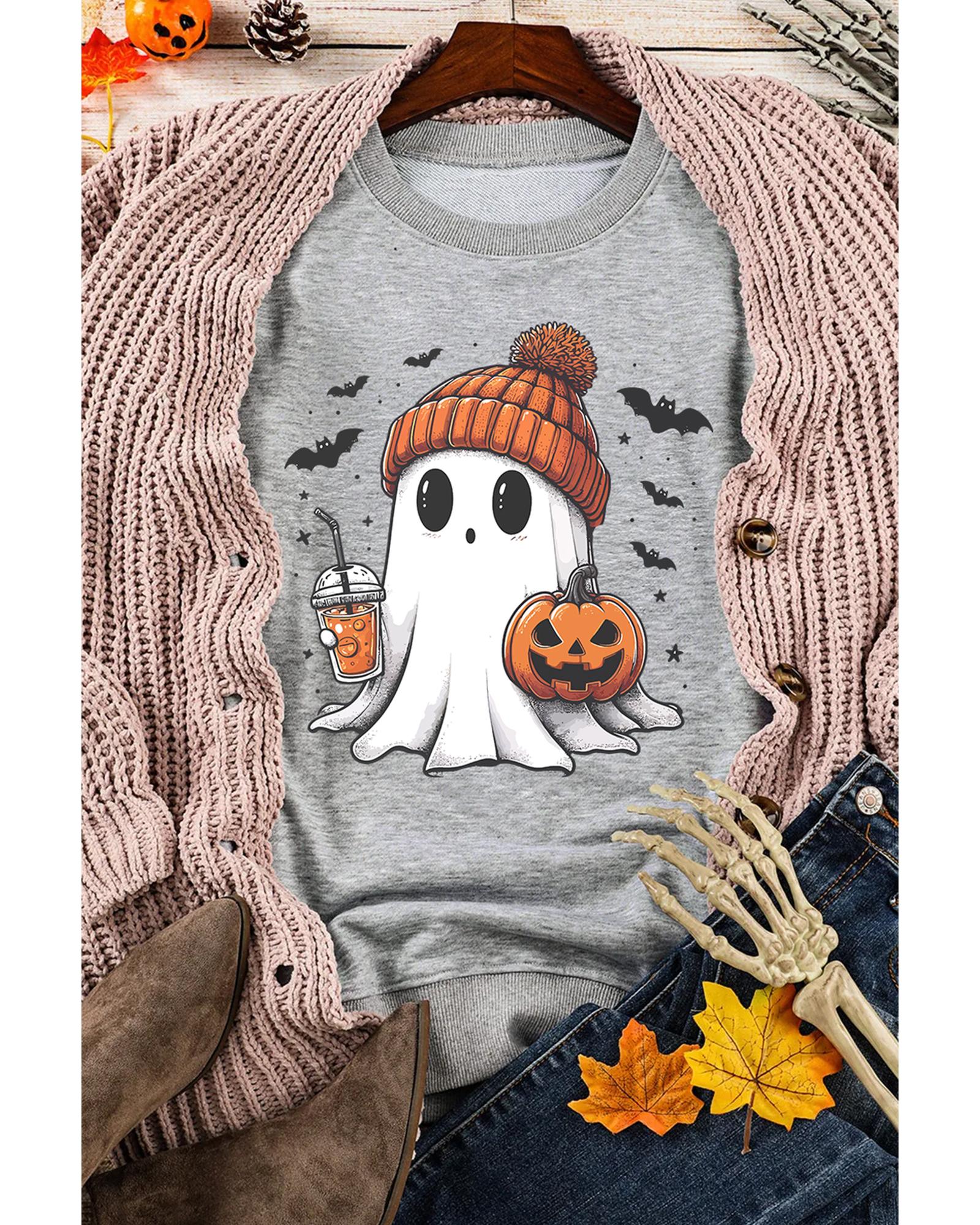 V539-AZEXDC25318691-P11-M-202508280105-00 Gray Halloween Ghost Print Crewneck Drop Shoulder Sweatshirt - M - Image 1