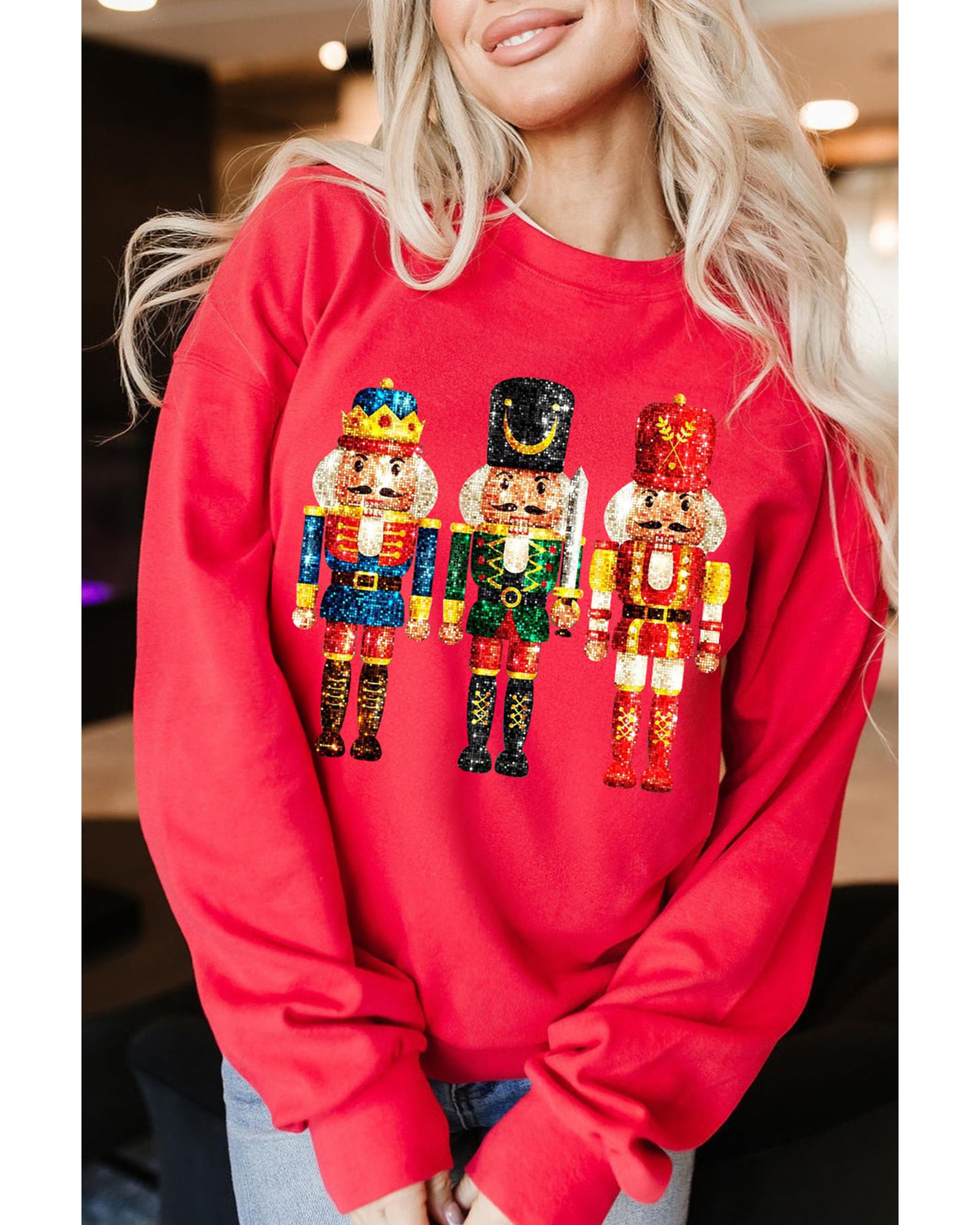 V539-AZEXDC25318807-3-L-202508291935-00 Red Christmas Metallic Nutcracker Graphic Crew Neck Sweatshirt - L - Image 1