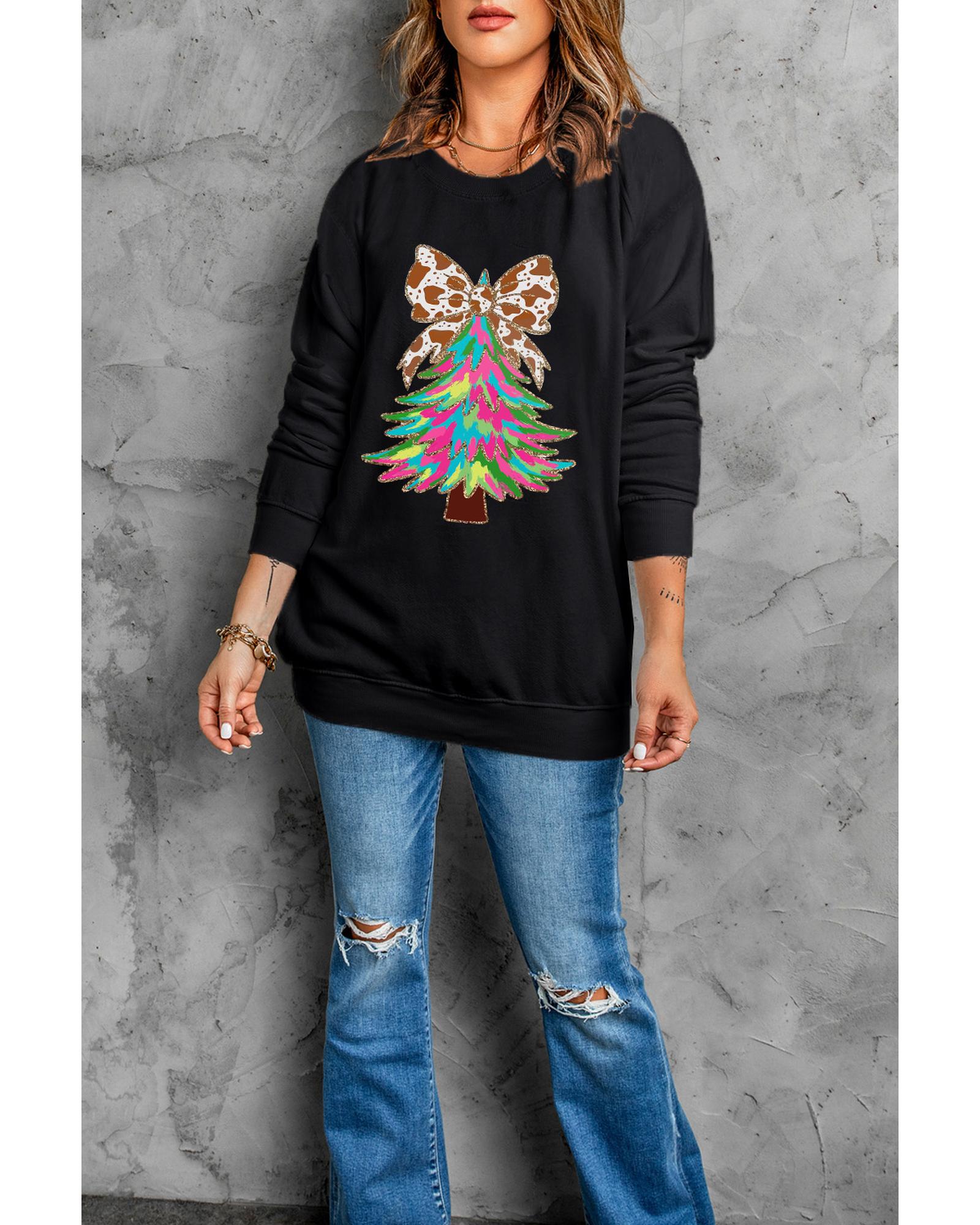 V539-AZEXDC25318876-2-L-202508271915-00 Black Bowknot Christmas Tree Shiny Graphic Sweatshirt - L - Image 1
