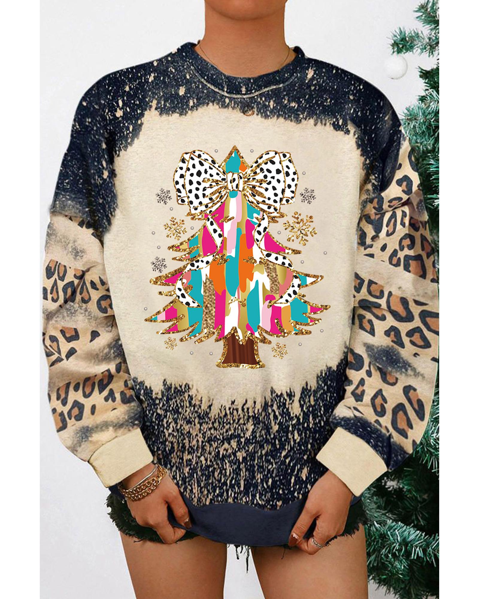 V539-AZEXDC25318893-2-L-202508280355-00 Black Christmas Tree Graphic Bleached Leopard Tie Dye Sweatshirt - L - Image 1