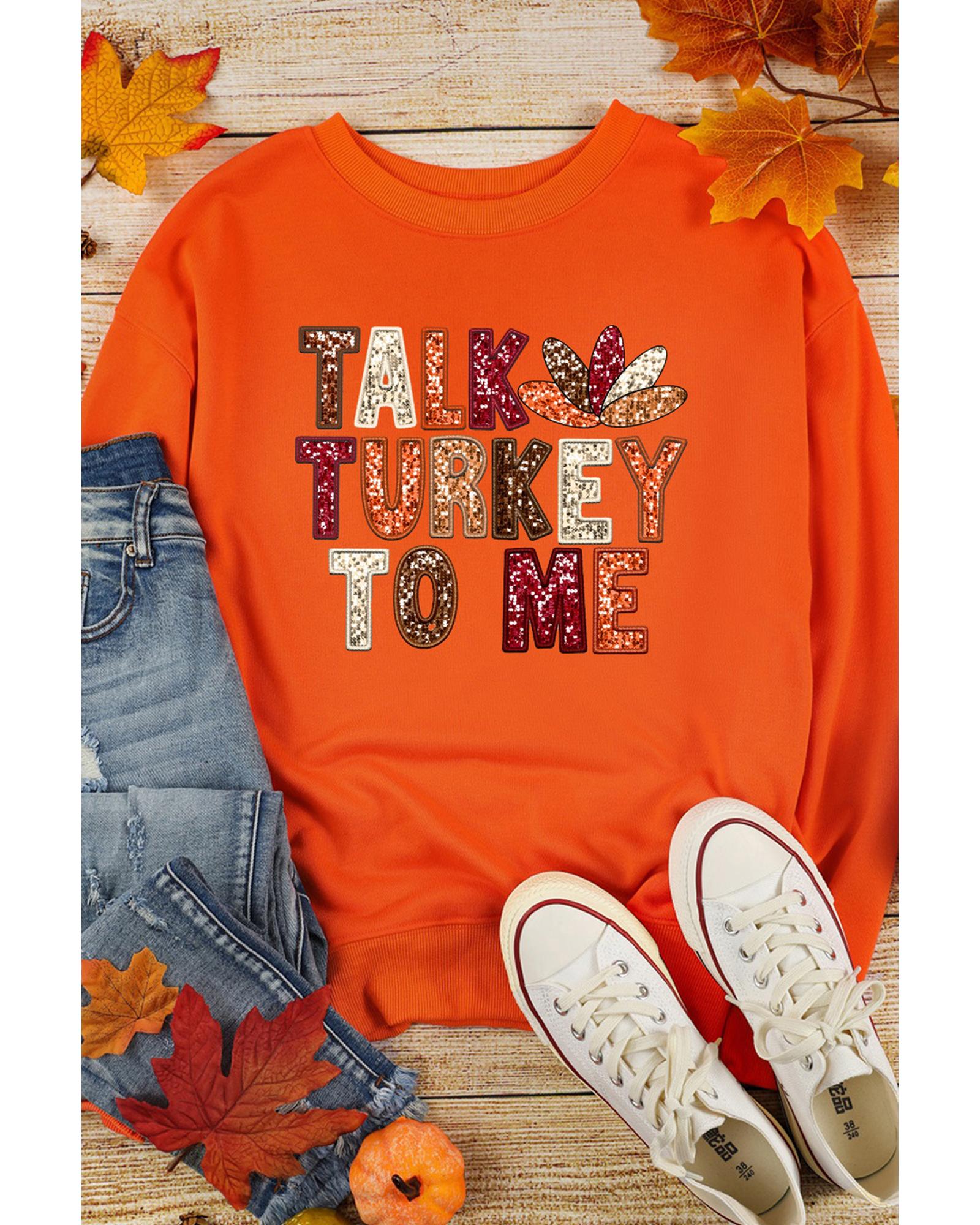 V539-AZEXDC25318896-14-S-202506131242-00 Orange TALK TURKEY TO ME Heat Transfer Printing Graphic Thanksgiving Holiday Sweatshirt - S - Image 1