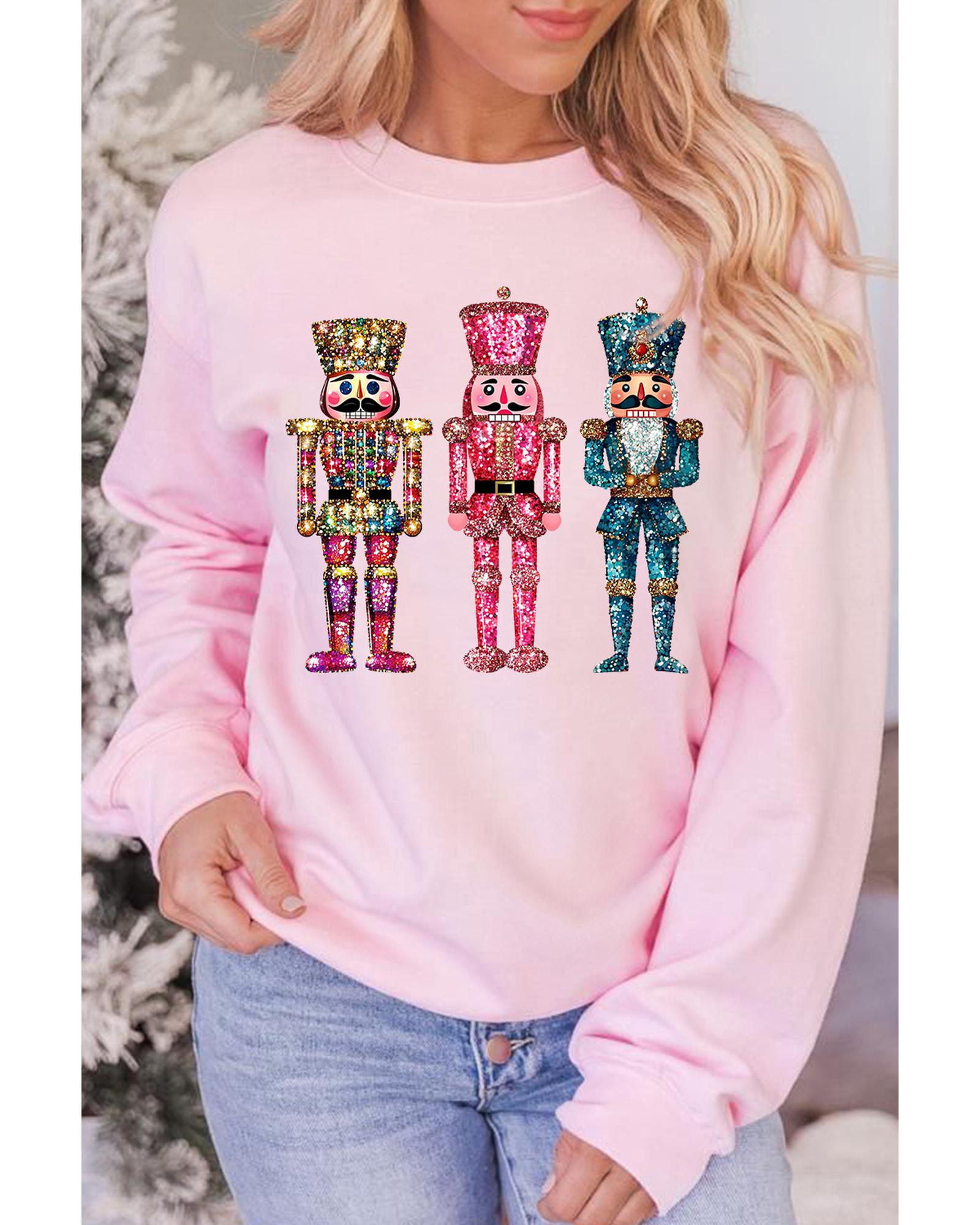 V539-AZEXDC25318898-10-M-202508292315-00 Pink Shimmer Nutcracker Graphic Christmas Pullover Sweatshirt - M - Image 1