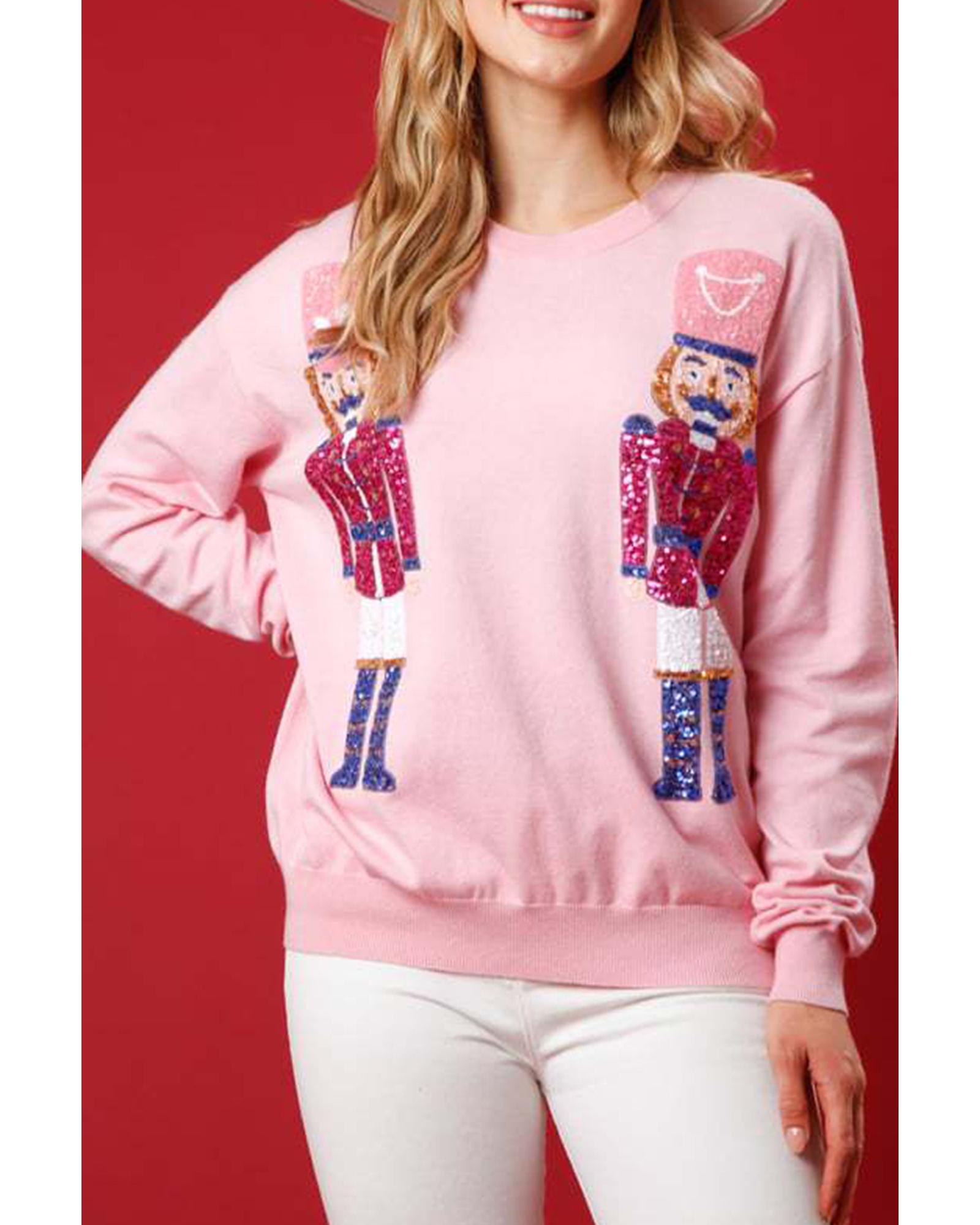 V539-AZEXDC25318909-P10-S-202506130746-00 Pink Nutcracker Christmas Crew Neck Sweatshirt - S - Image 1