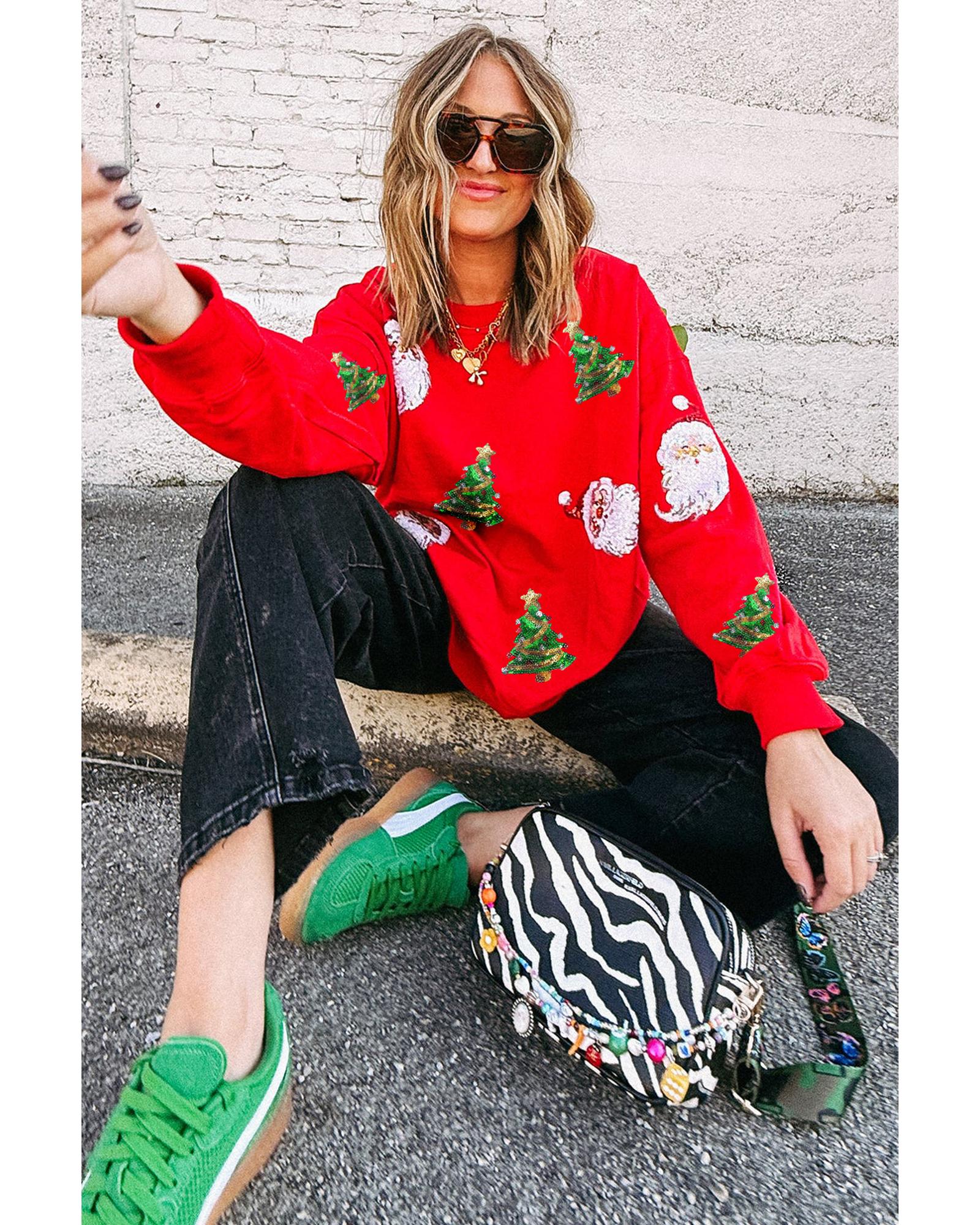 V539-AZEXDC25319154-3-XL-202508291435-00 Red Santa Claus Christmas Tree Patched Pattern Drop Shoulder Sweatshirt - XL - Image 1