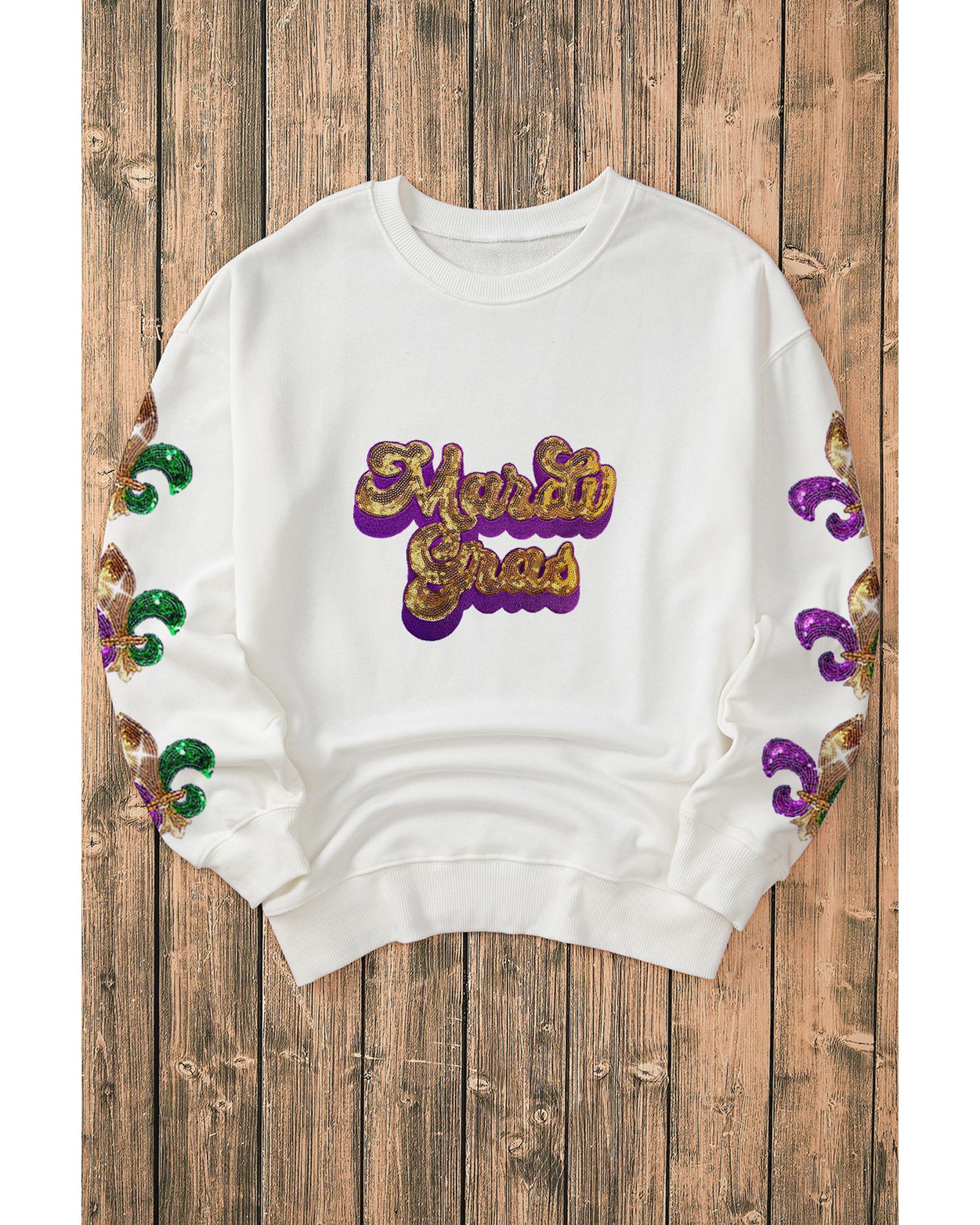 V539-AZEXDC25319163-15-XL-202508291630-00 Beige Sequin Mardi Gras Patched Pattern Fleur de Lis Sleeve Sweatshirt - XL - Image 1