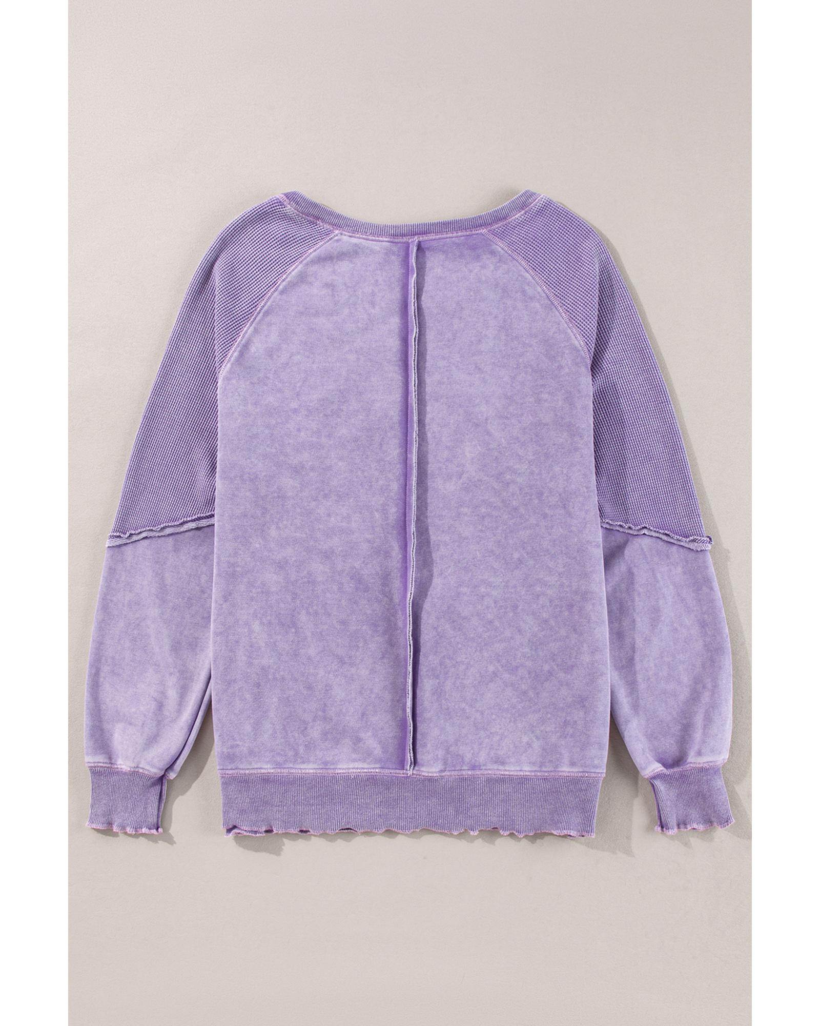 V539-AZEXDC25319164-P708-S-202506131015-00 Orchid Petal Mardi Gras Patched Pattern Waffle Patchwork Sweatshirt - S - Image 1