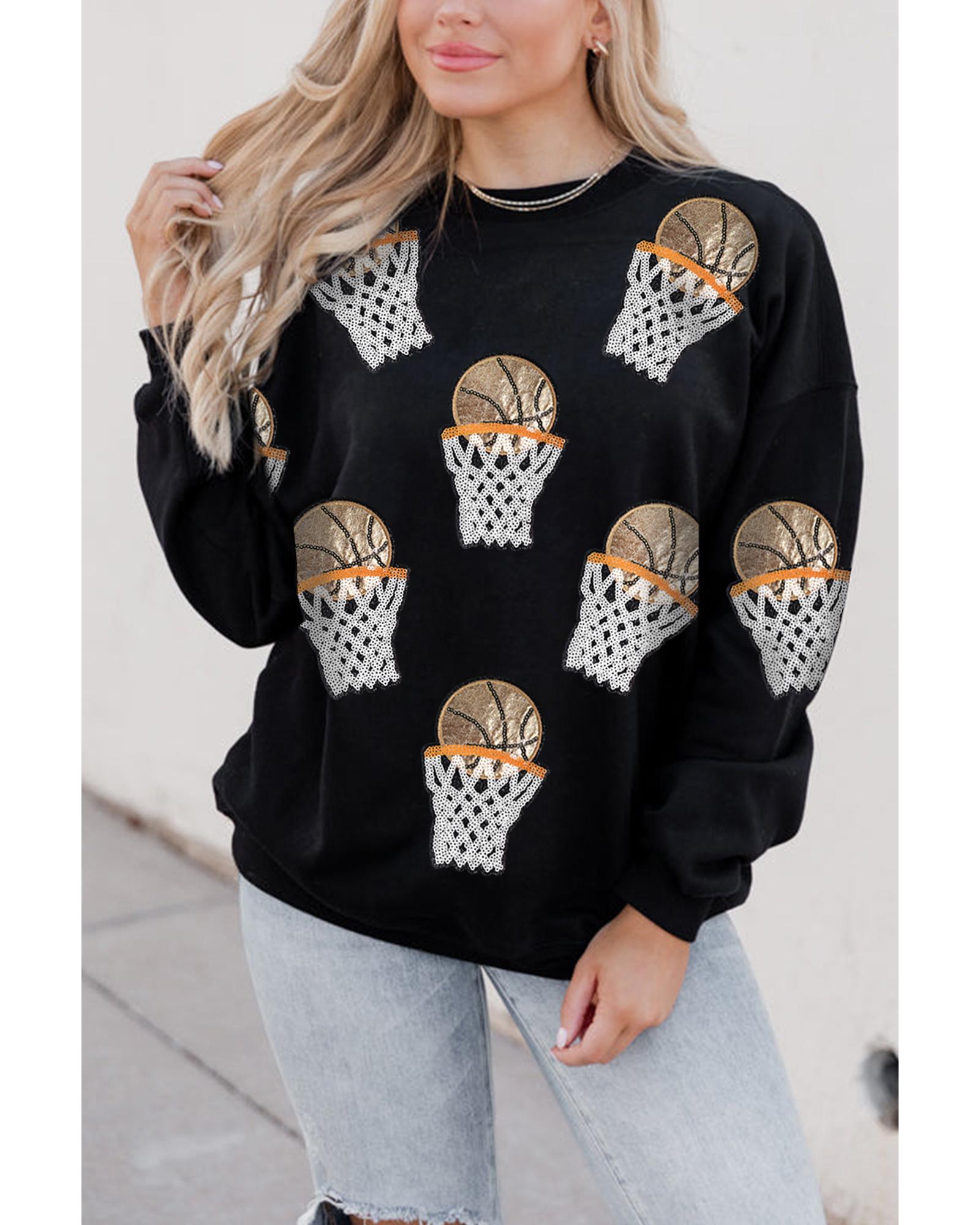 V539-AZEXDC25319169-2-M-202508280225-00 Black Basketball Patched Game Day Crew Neck Graphic Sweatshirt - M - Image 1
