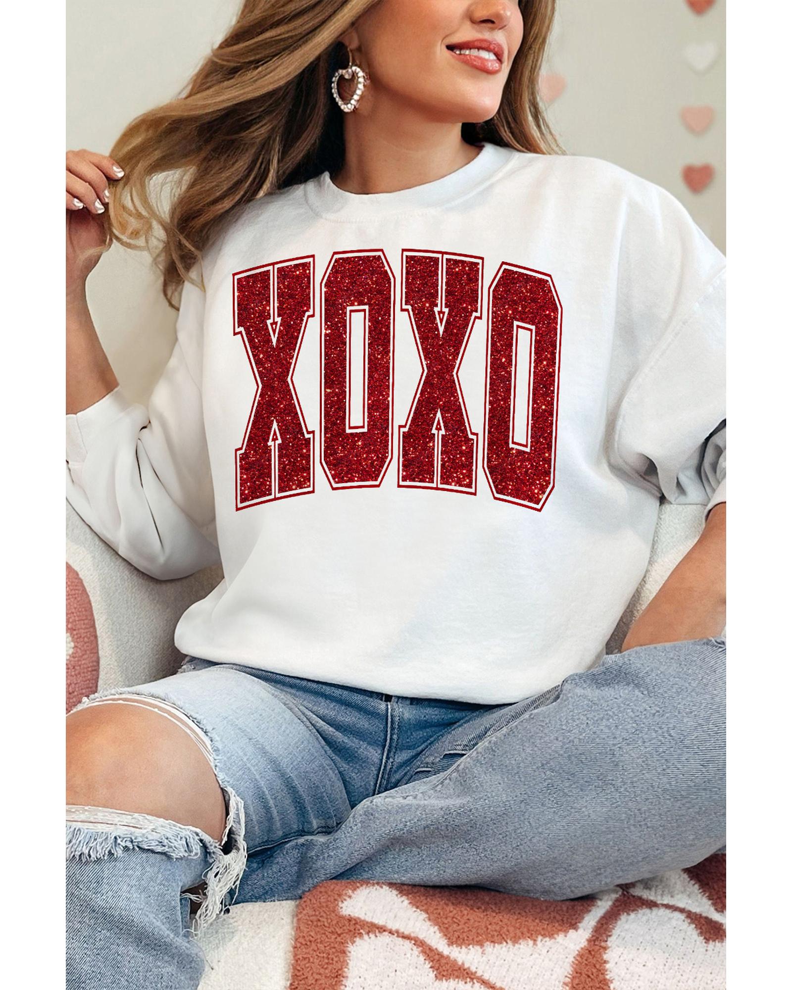 V539-AZEXDC25319275-15-XL-202508290055-00 White Glitter XOXO Graphic Crewneck Valentines Pullover Sweatshirt - XL - Image 1