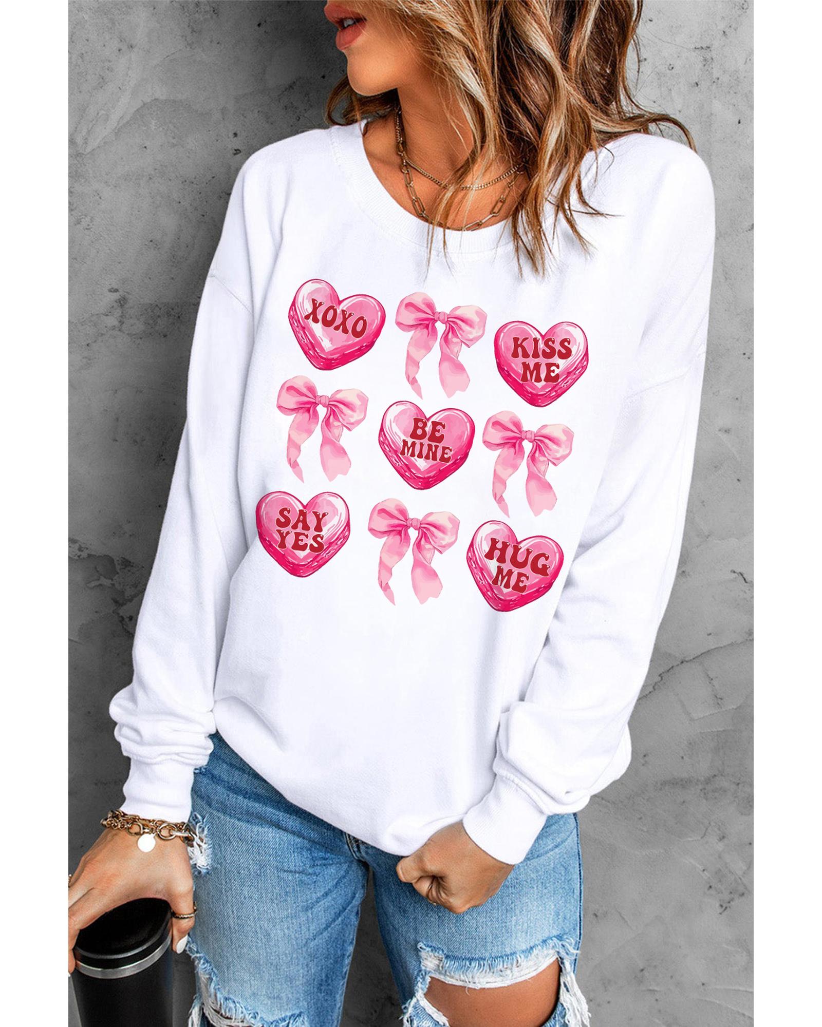 V539-AZEXDC25319283-15-L-202508291340-00 White Valentine Candy Heart & Bow Graphic Sweatshirt - L - Image 1