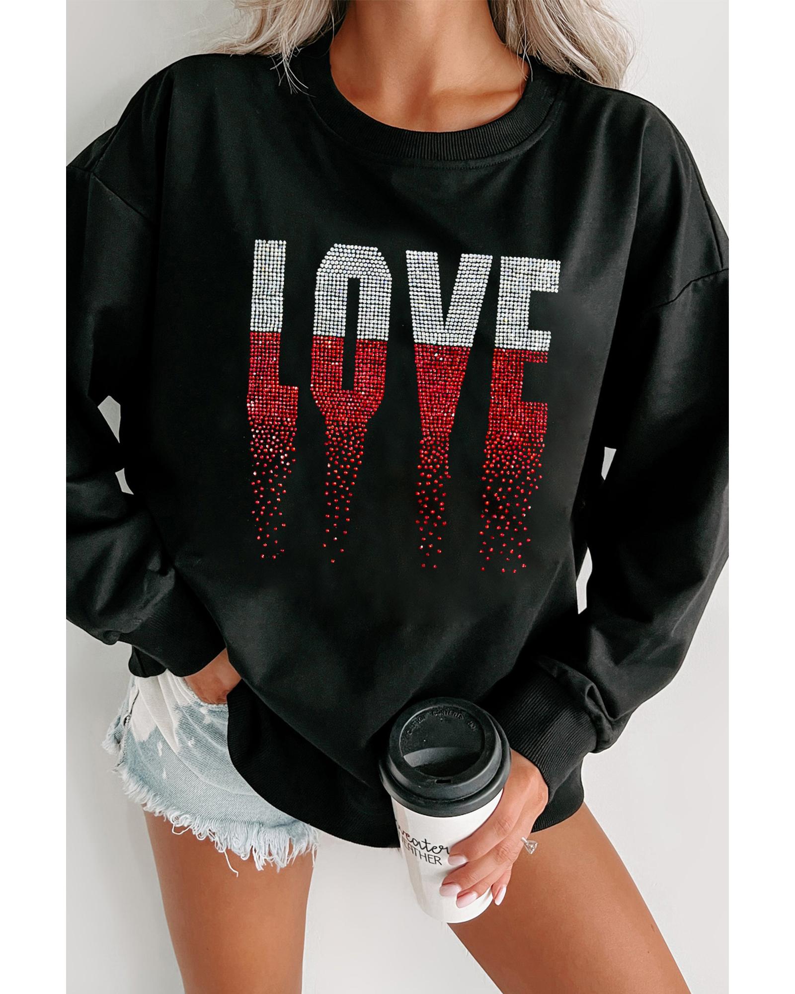 V539-AZEXDC25319303-2-XL-202508280715-00 Black Rhinestone LOVE Graphic Crewneck Valentines Sweatshirt - XL - Image 1