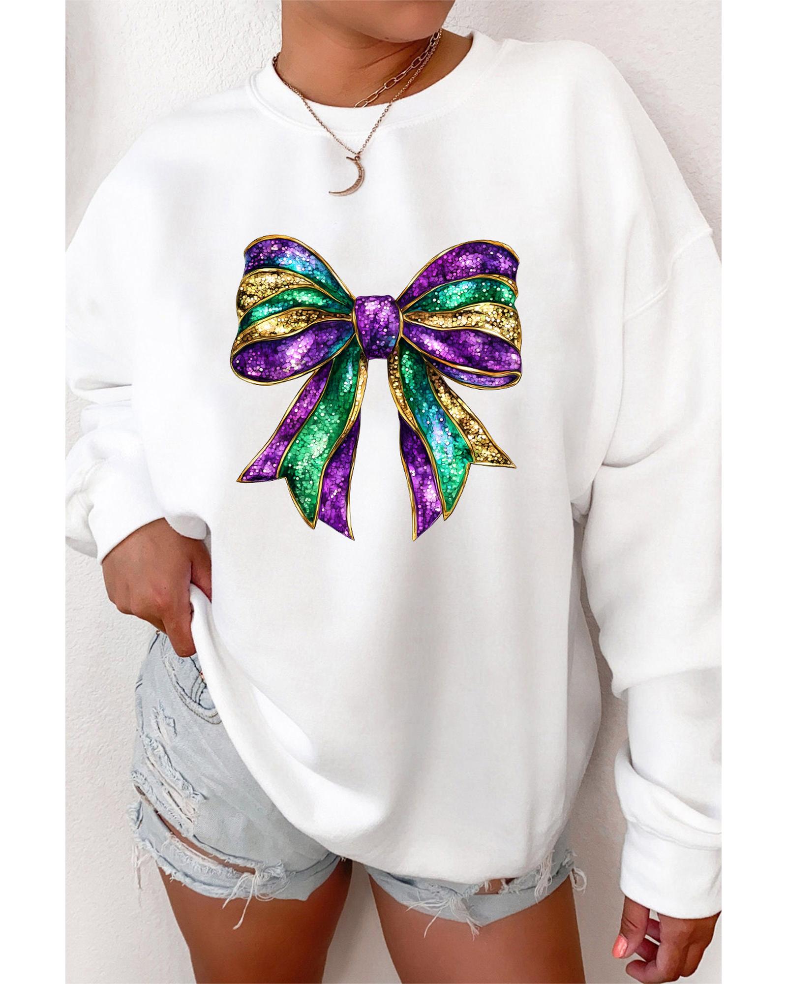 V539-AZEXDC25319324-15-XL-202508300050-00 White Mardi Gras Bow Graphic Drop Shoulder Sweatshirt - XL - Image 1