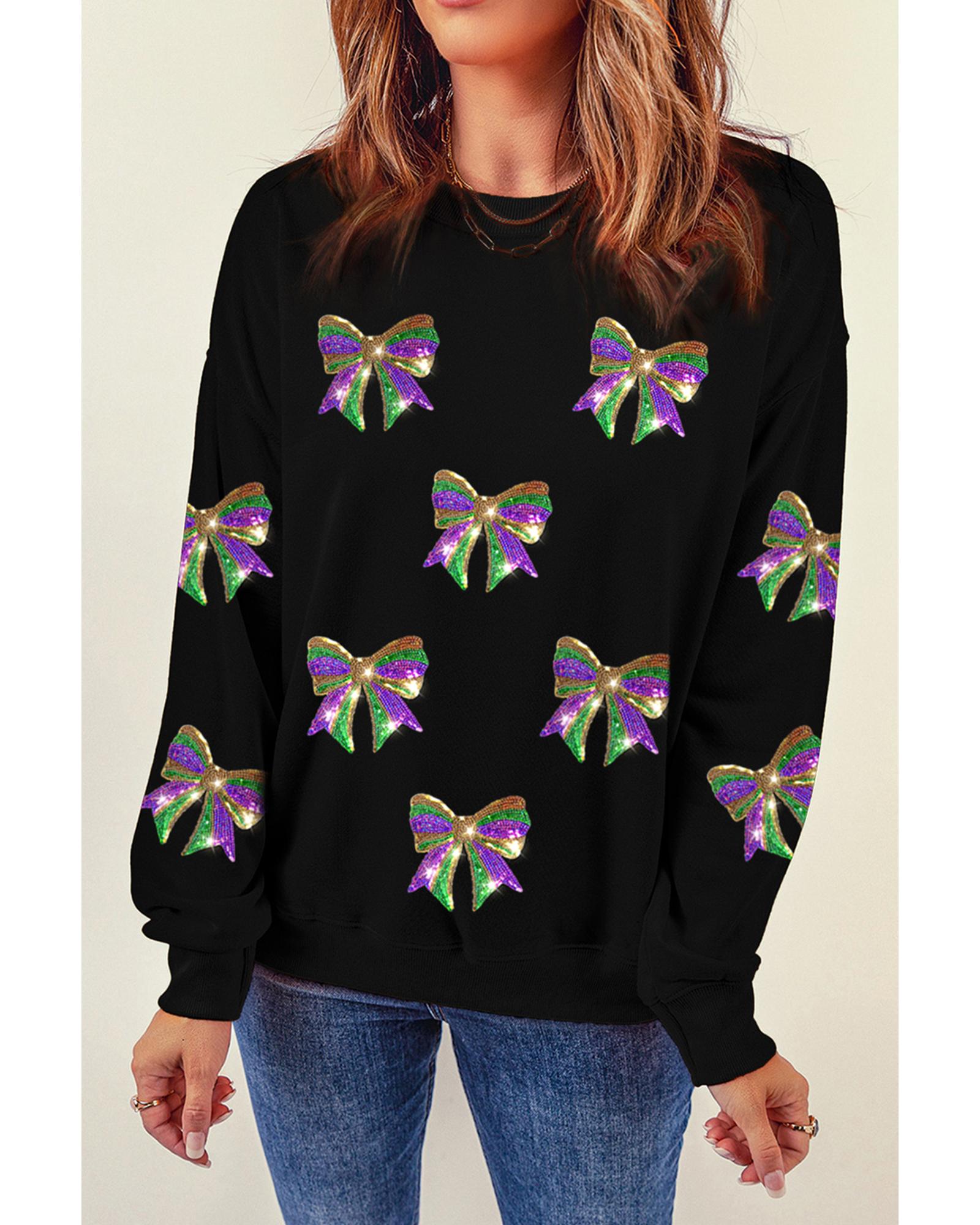 V539-AZEXDC25319347-2-S-202506130752-00 Black Sequin Mardi Gras Bow Graphic Drop Shoulder Pullover Sweatshirt - S - Image 1
