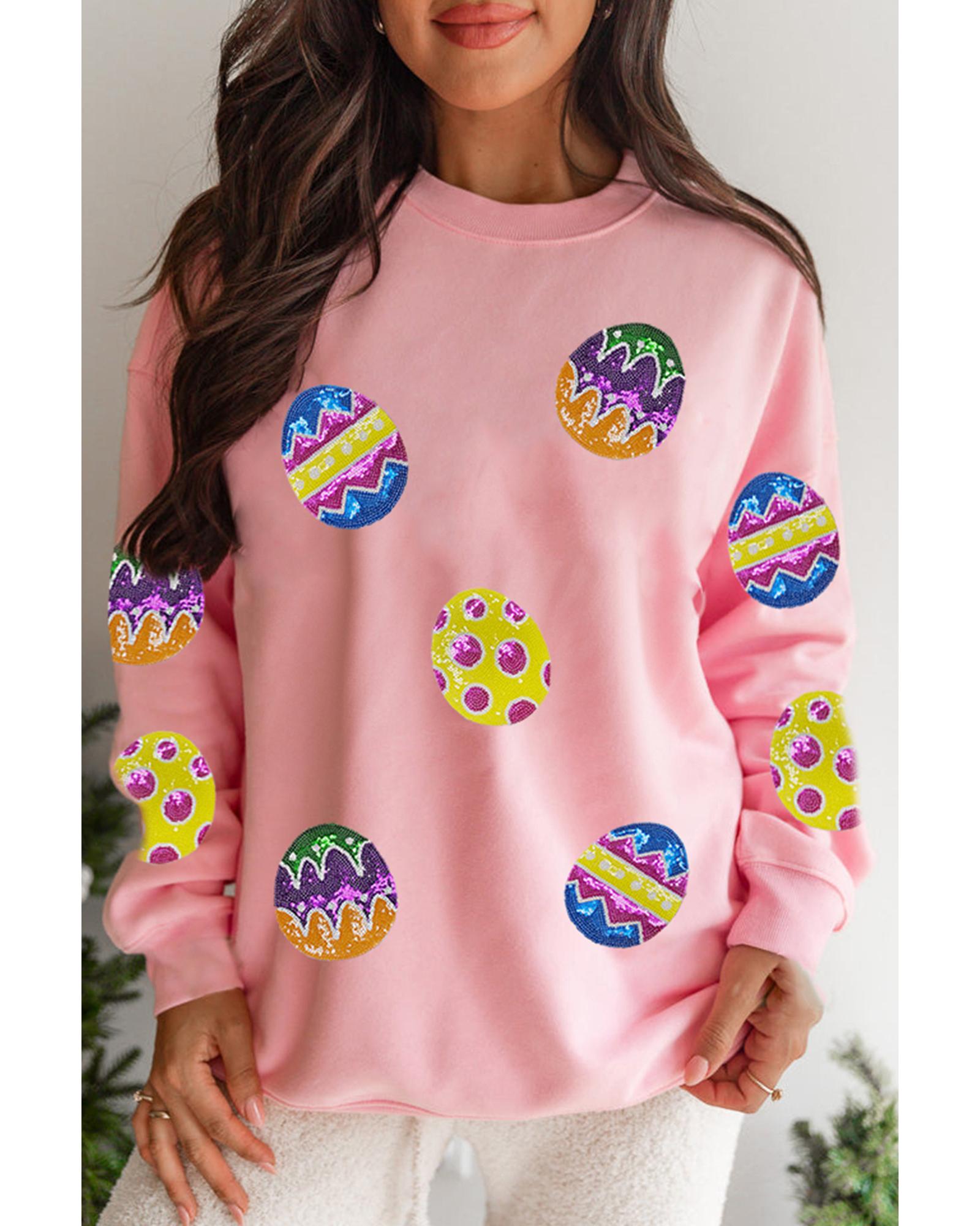 V539-AZEXDC25319477-10-2XL-202508300240-00 Pink Easter Egg Patched Graphic Drop Shoulder Pullover Sweatshirt - 2XL - Image 1