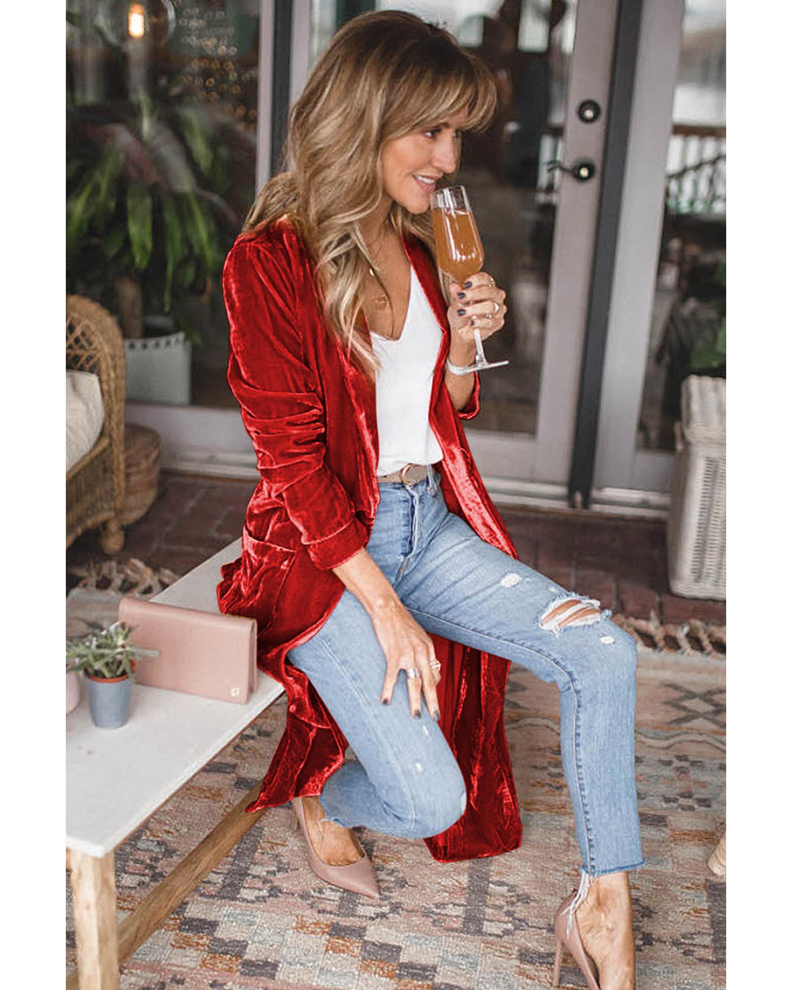 V539-AZEXDC2541539-3-2XL-202508291950-00 Red Velvet Open Front Pocketed Long Duster - 2XL - Image 1