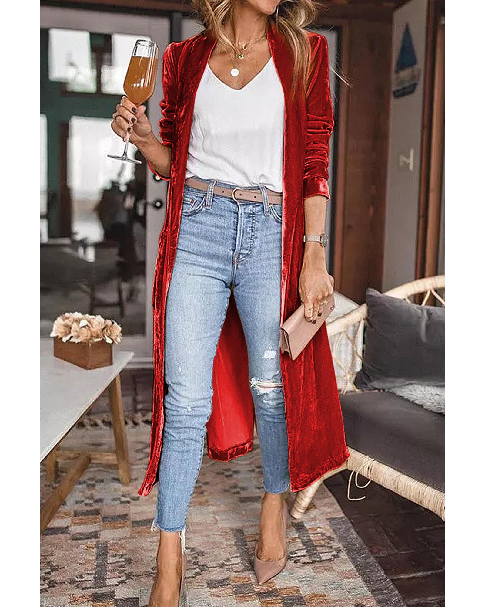 V539-AZEXDC2541539-3-S-202506131031-00 Red Velvet Open Front Pocketed Long Duster - S - Image 1