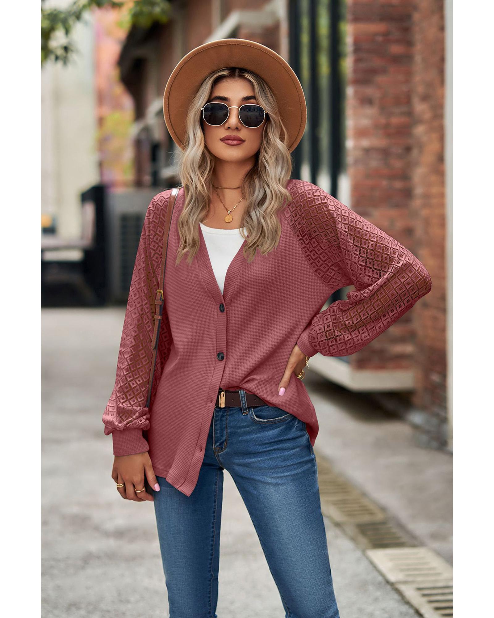 V539-AZEXDC2541906-3-M-202508270535-00 Azura Exchange Waffled Knit Lace Long Sleeve Buttoned Cardigan - M - Image 1