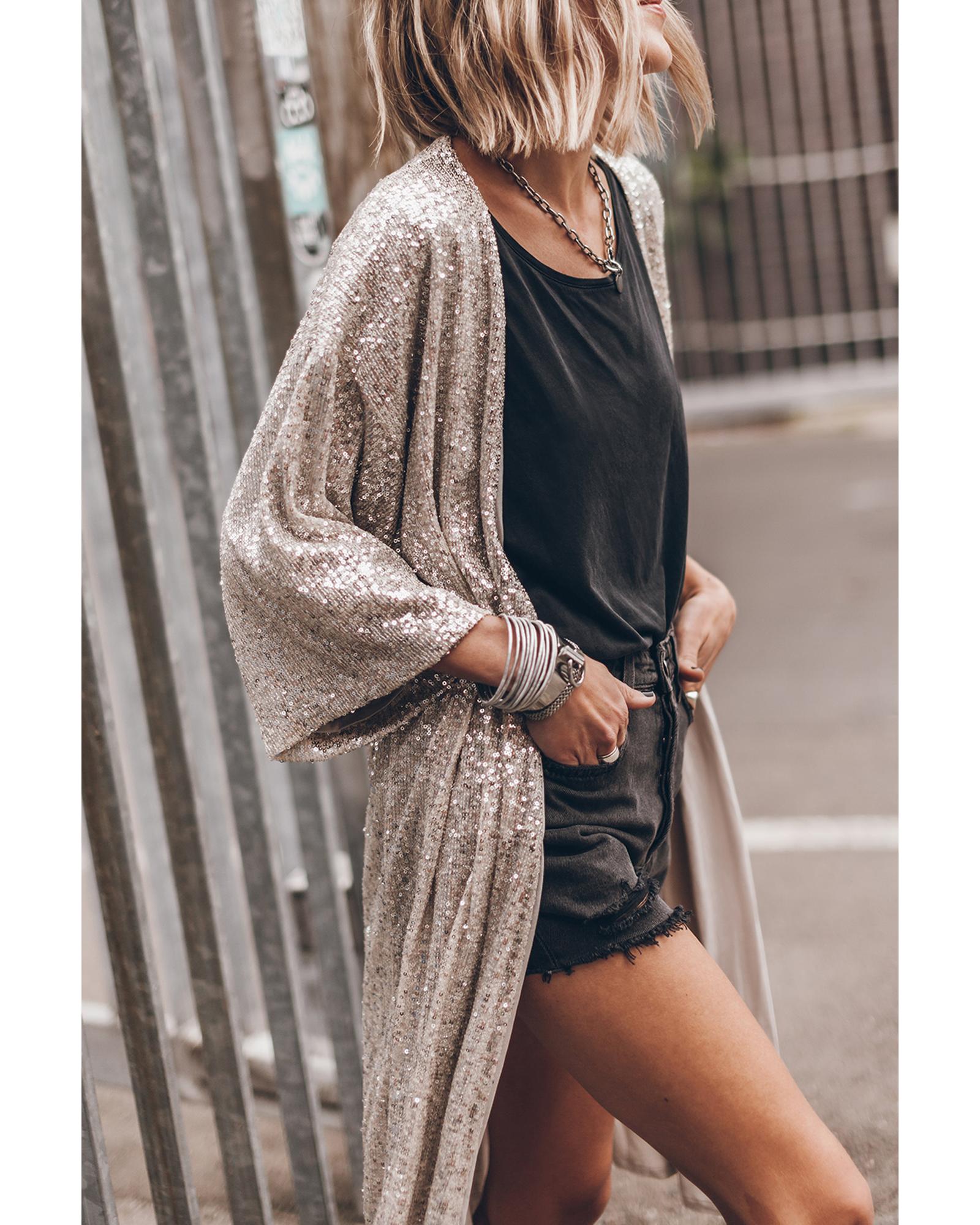 V539-AZEXDC2542013-18-L-202508280330-00 Apricot Sequin 3/4 Sleeve Open Front Duster Kimono - L - Image 1