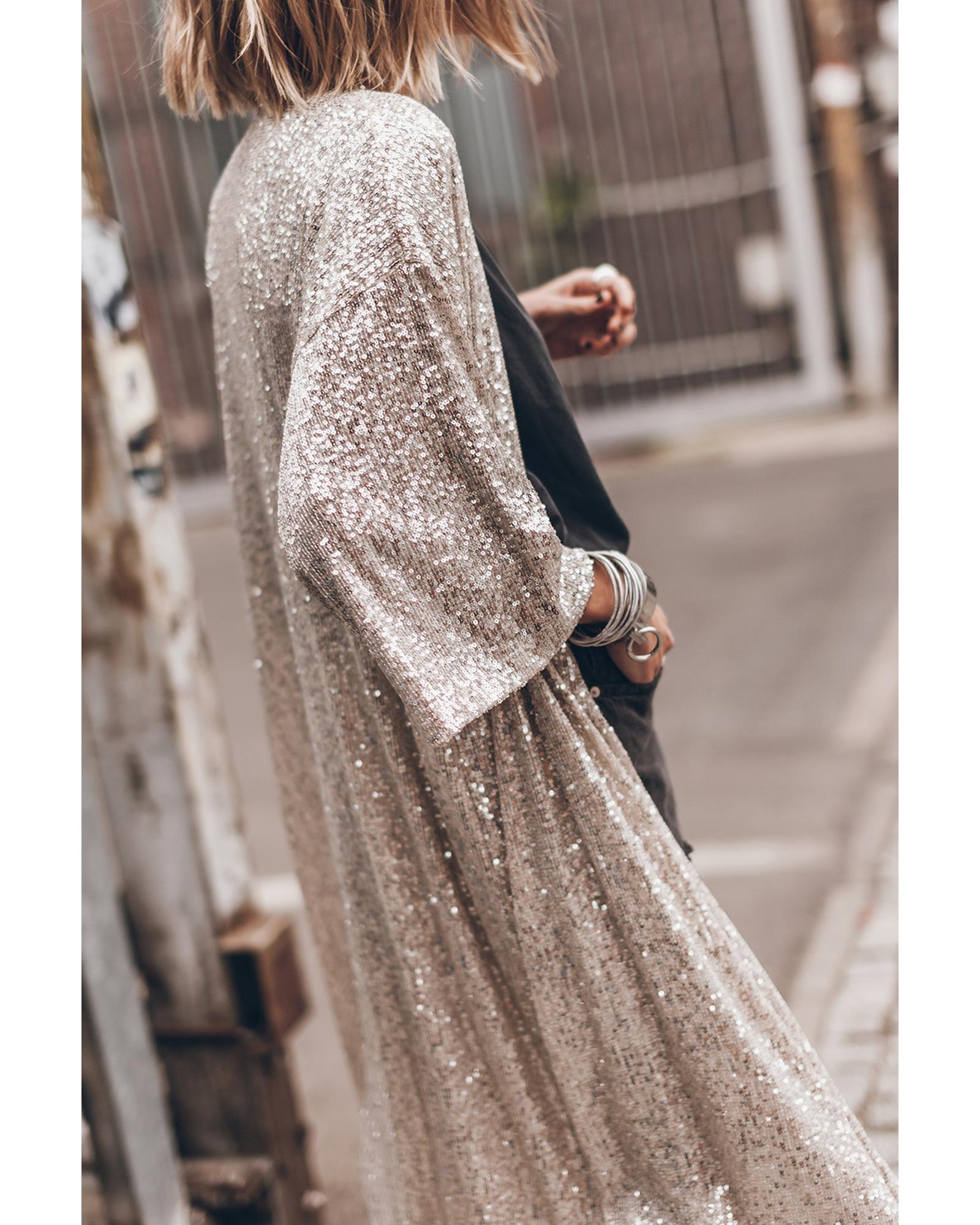 V539-AZEXDC2542013-18-M-202508280615-00 Apricot Sequin 3/4 Sleeve Open Front Duster Kimono - M - Image 1