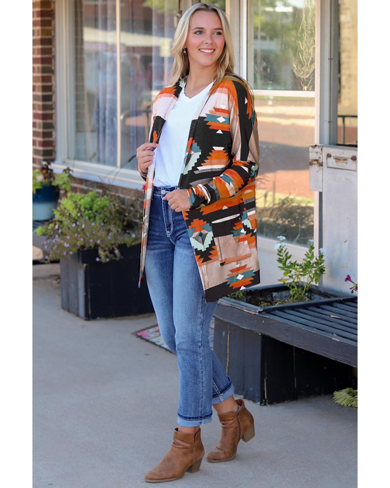 V539-AZEXDC2542020-14-S-202506131202-00 Orange Western Tribal Aztec Print Cardigan - S - Image 1