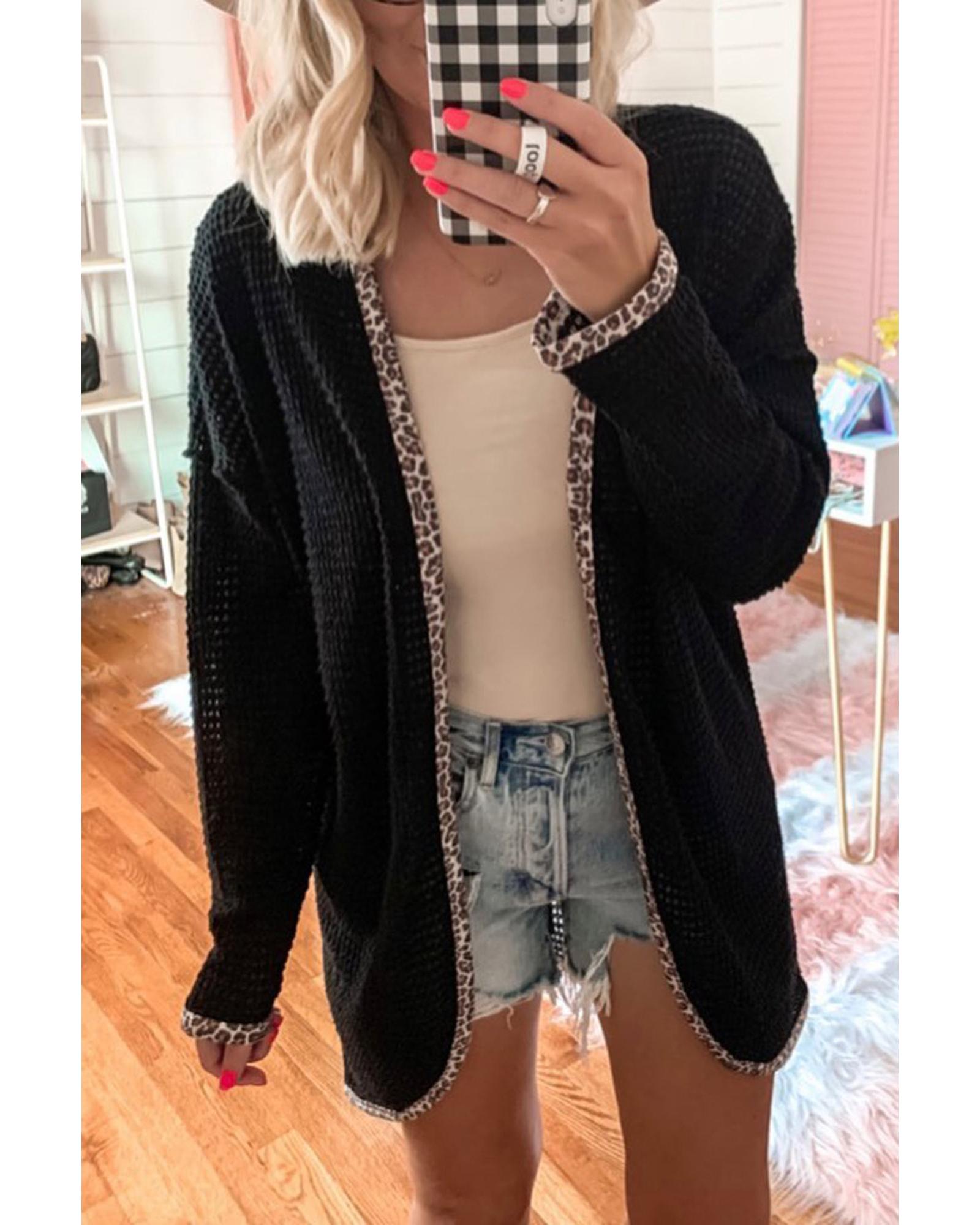 V539-AZEXDC2542240-P2-S-202508281255-00 Black Leopard Contrast Waffle Knit Open Front Cardigan - S - Image 1