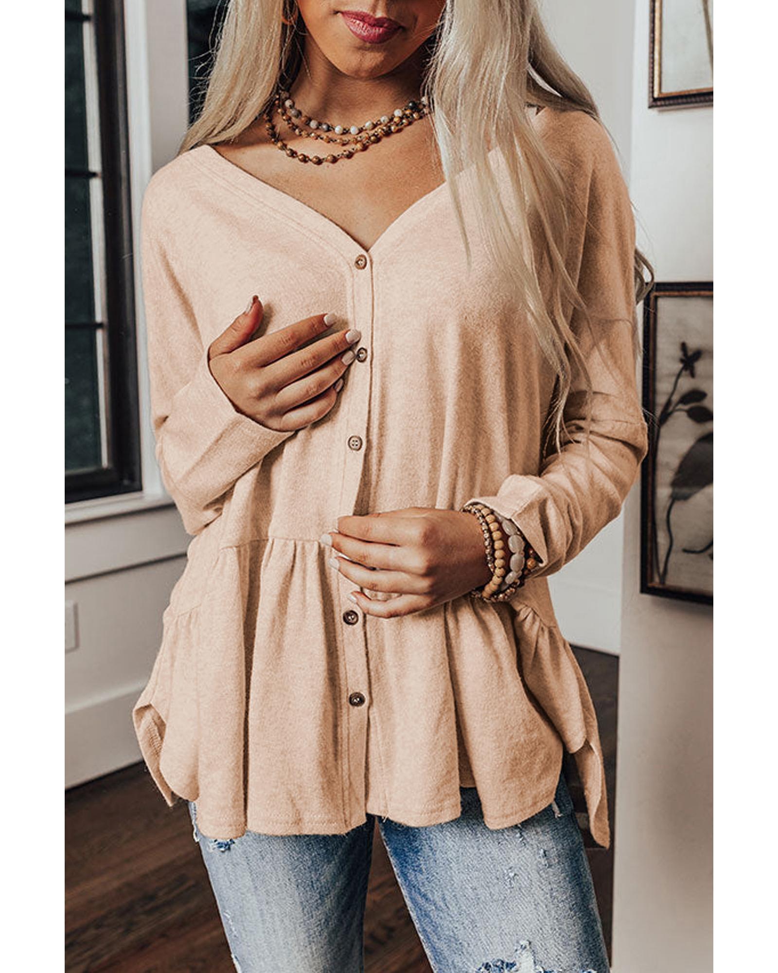 V539-AZEXDC2542469-P2015-S-202508290150-00 Jet Stream Ruffled V Neck Buttoned V Neck Shirt - S - Image 1