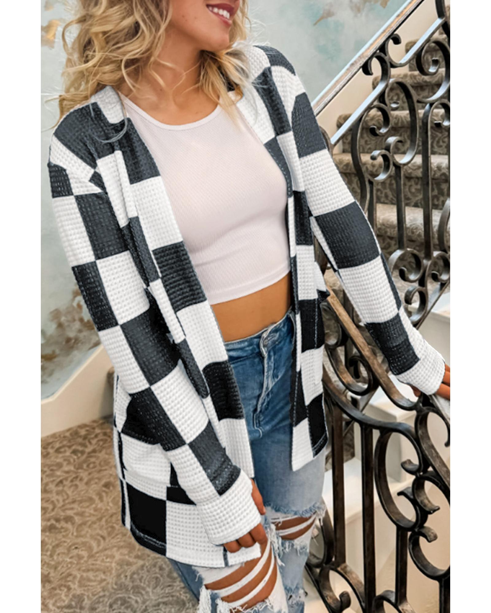 V539-AZEXDC2542480-P220-S-202506131246-00 Black Checkered Waffle Knit Thumbhole Open Front Cardigan - S - Image 1