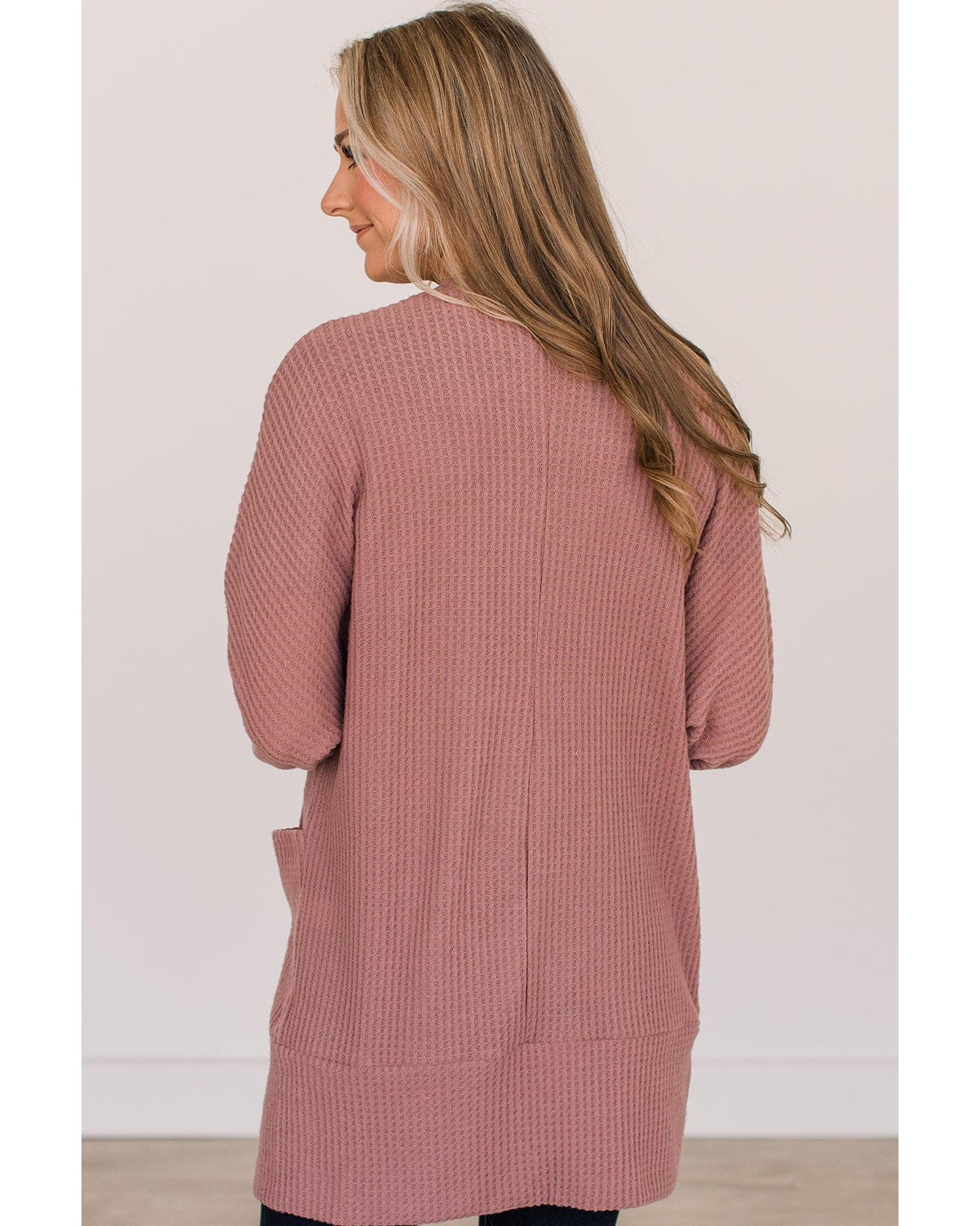 V539-AZEXDC2542489-P303-L-202508292050-00 Mineral Red Solid Color Waffle Knit Cardigan with Pocket - L - Image 1
