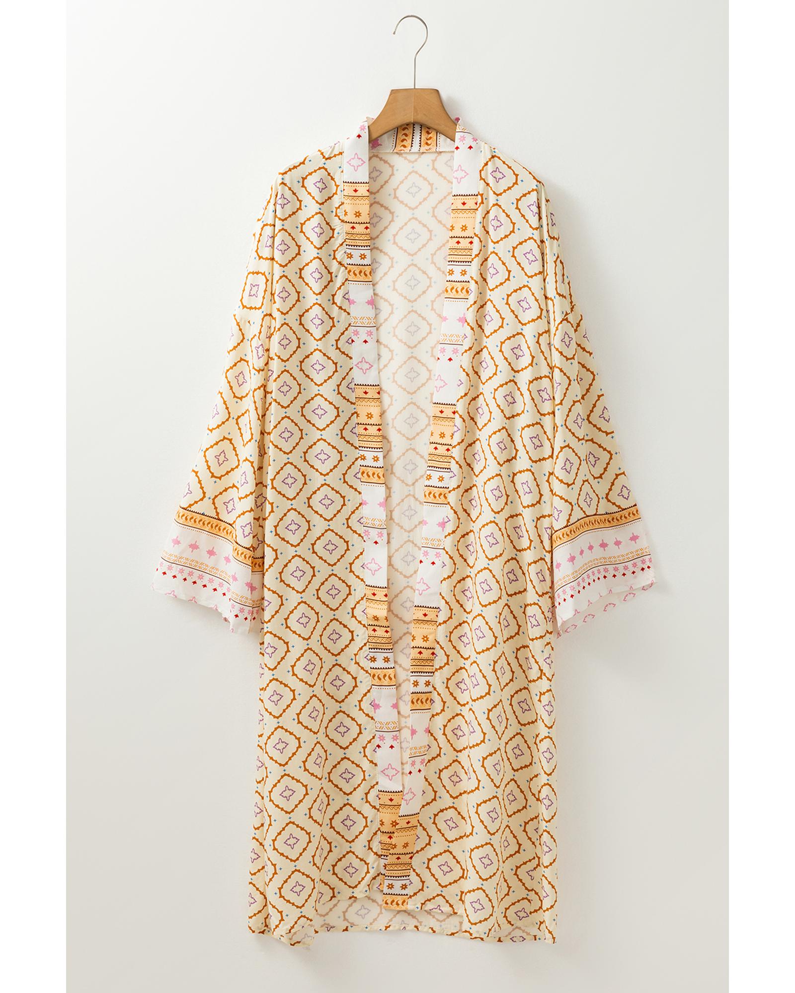 V539-AZEXDC2542563-P720-L-202508281850-00 Yellow Bohemian Geometric Printed Loose Sleeve Long Kimono - L - Image 1