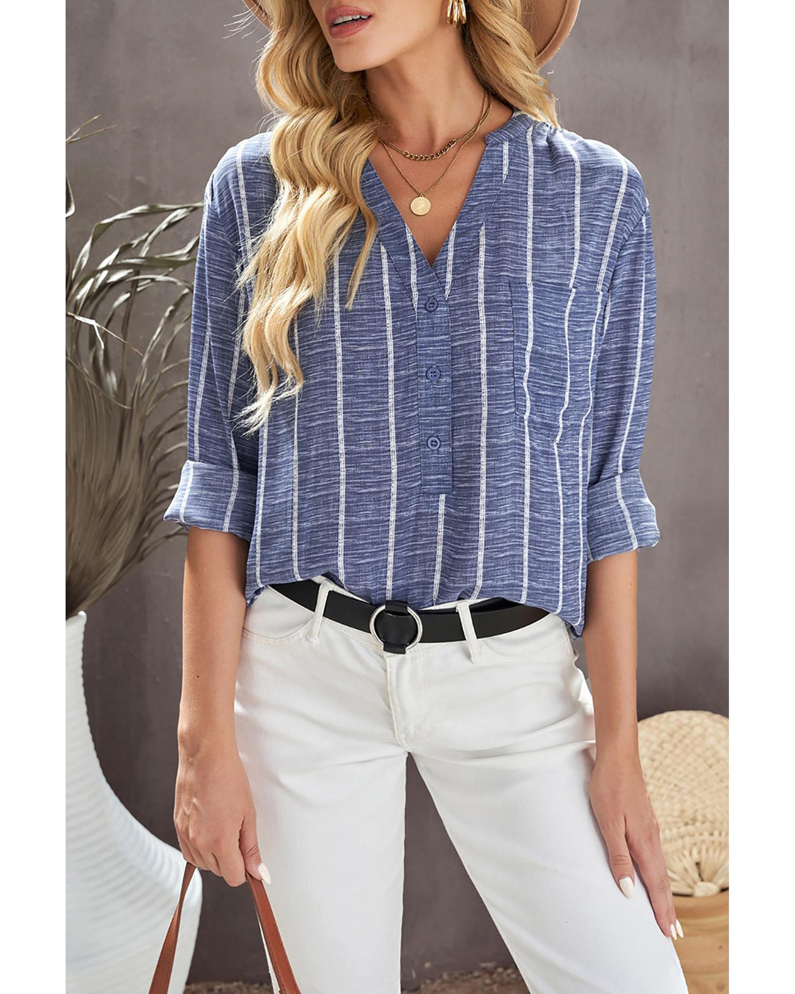 V539-AZEXDC2551025-5-L-202508290810-00 Azura Exchange Striped V Neck Pocket Long Sleeve Top - L - Image 1