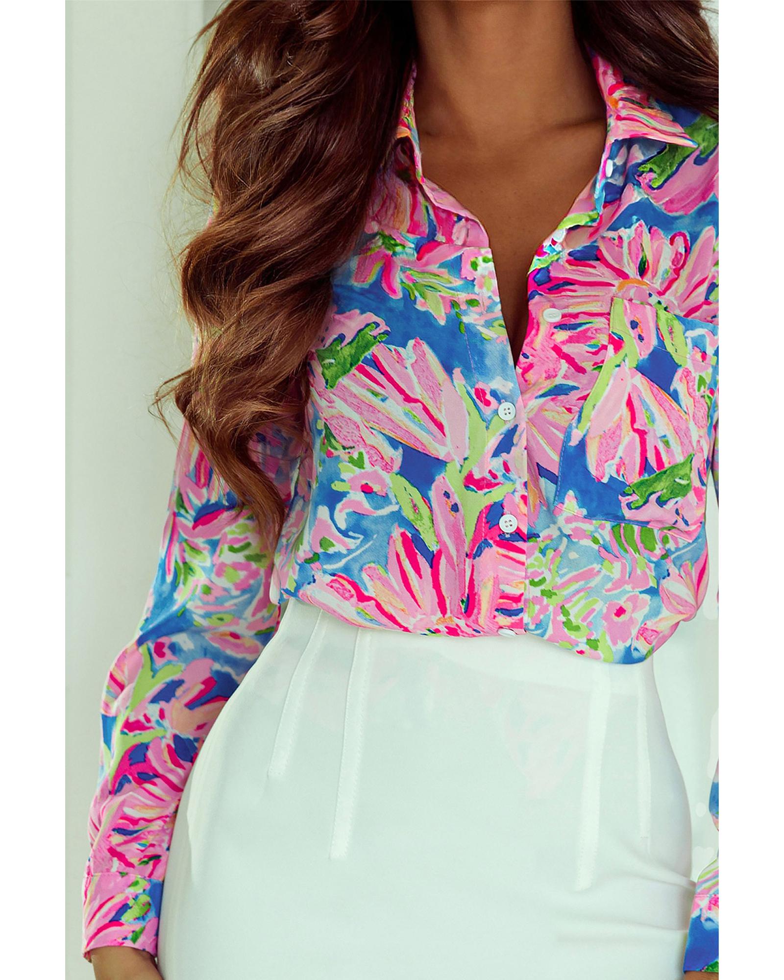 V539-AZEXDC2553434-10-L-202508260515-00 Azura Exchange Buttoned Sheath Long Sleeve Shirt with Abstract Floral Print - L - Image 1