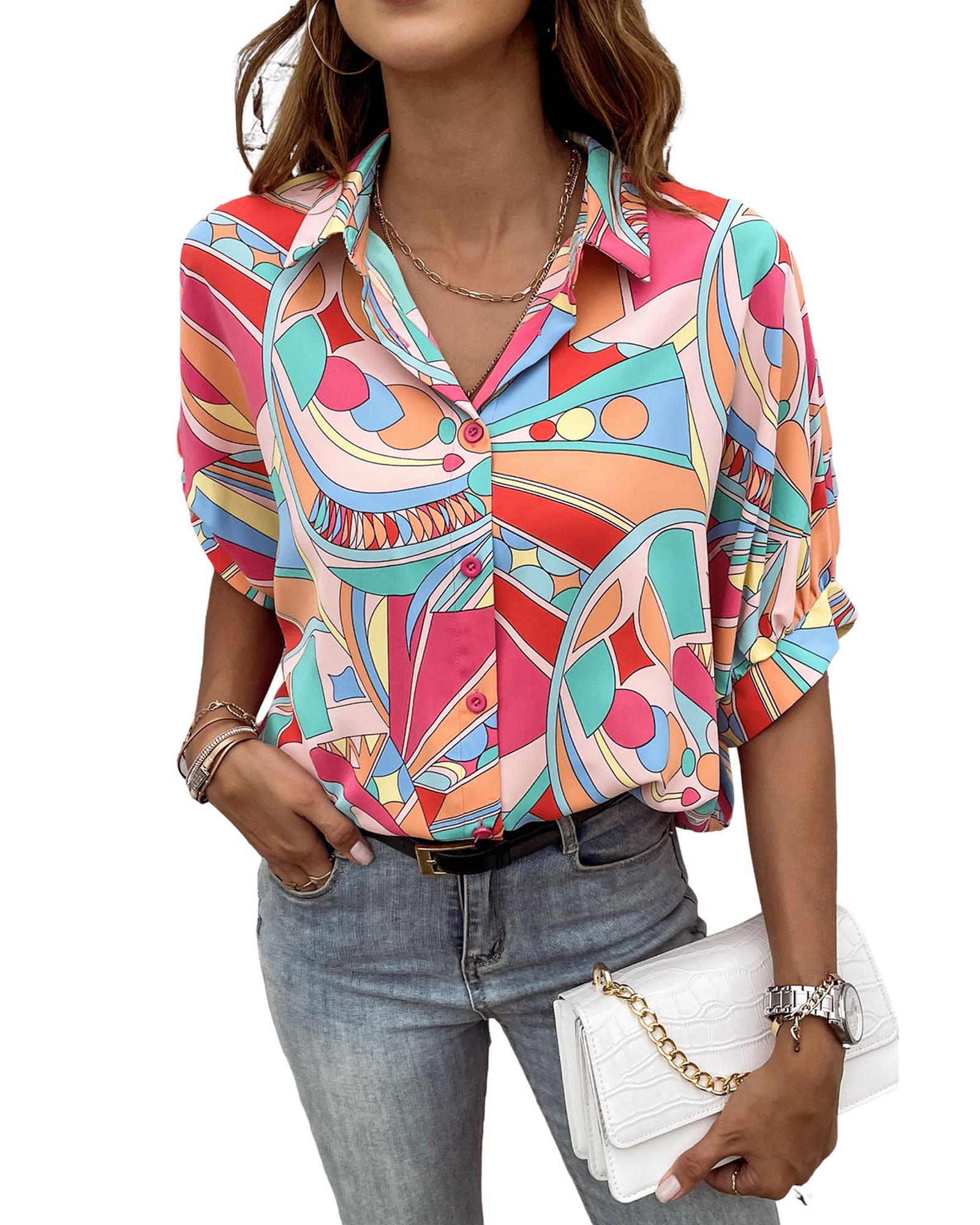 V539-AZEXDC2553484-22-XL-202508252320-00 Azura Exchange Abstract Geometry Print Half Puff Sleeve Shirt - XL - Image 1