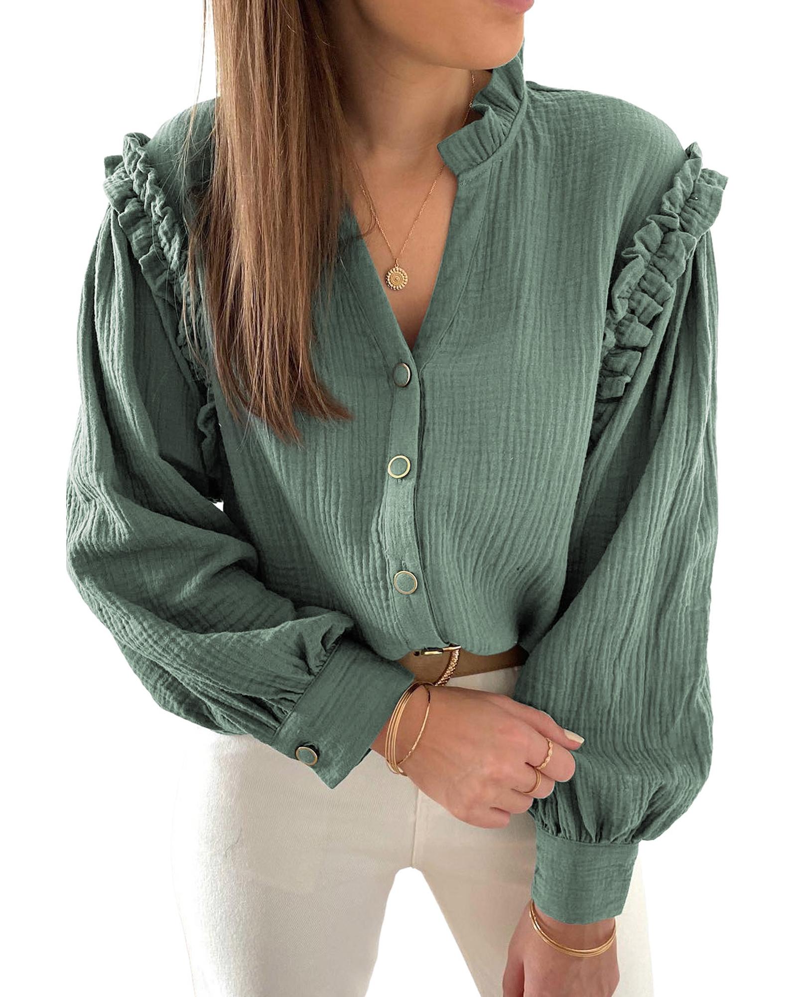 V539-AZEXDC2553989-9-S-202509010015-00 Azura Exchange Frilled Split Neck Crinkled Shirt - S - Image 1