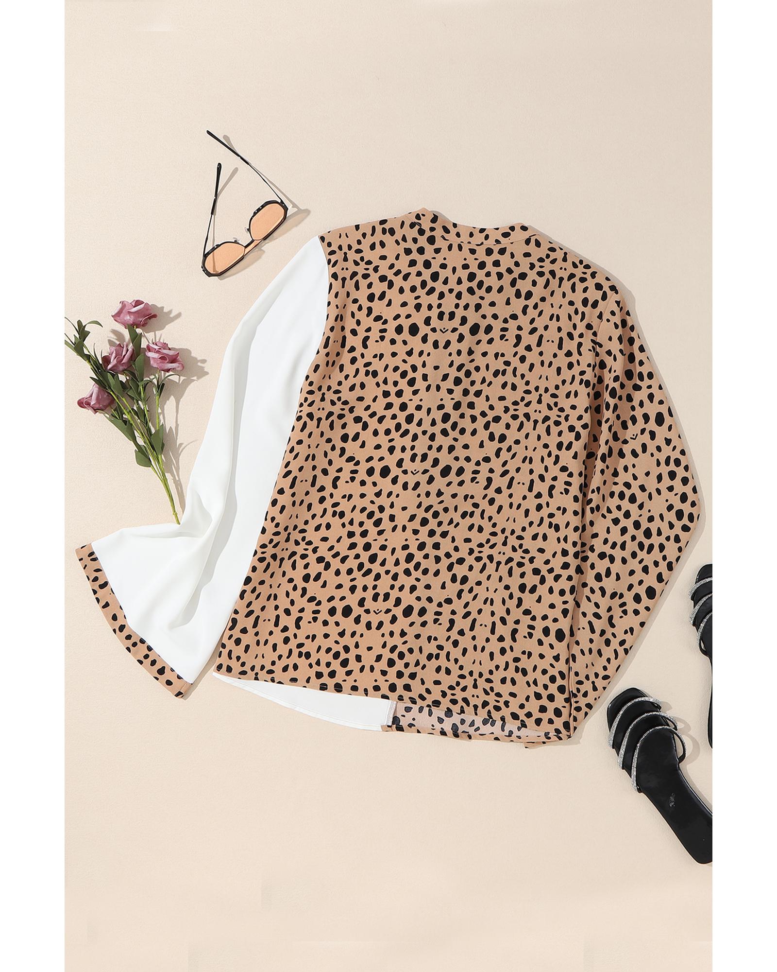 V539-AZEXDC2553996-16-M-202508282355-00 Khaki Leopard Contrast Half Button Casual Blouse - M - Image 1
