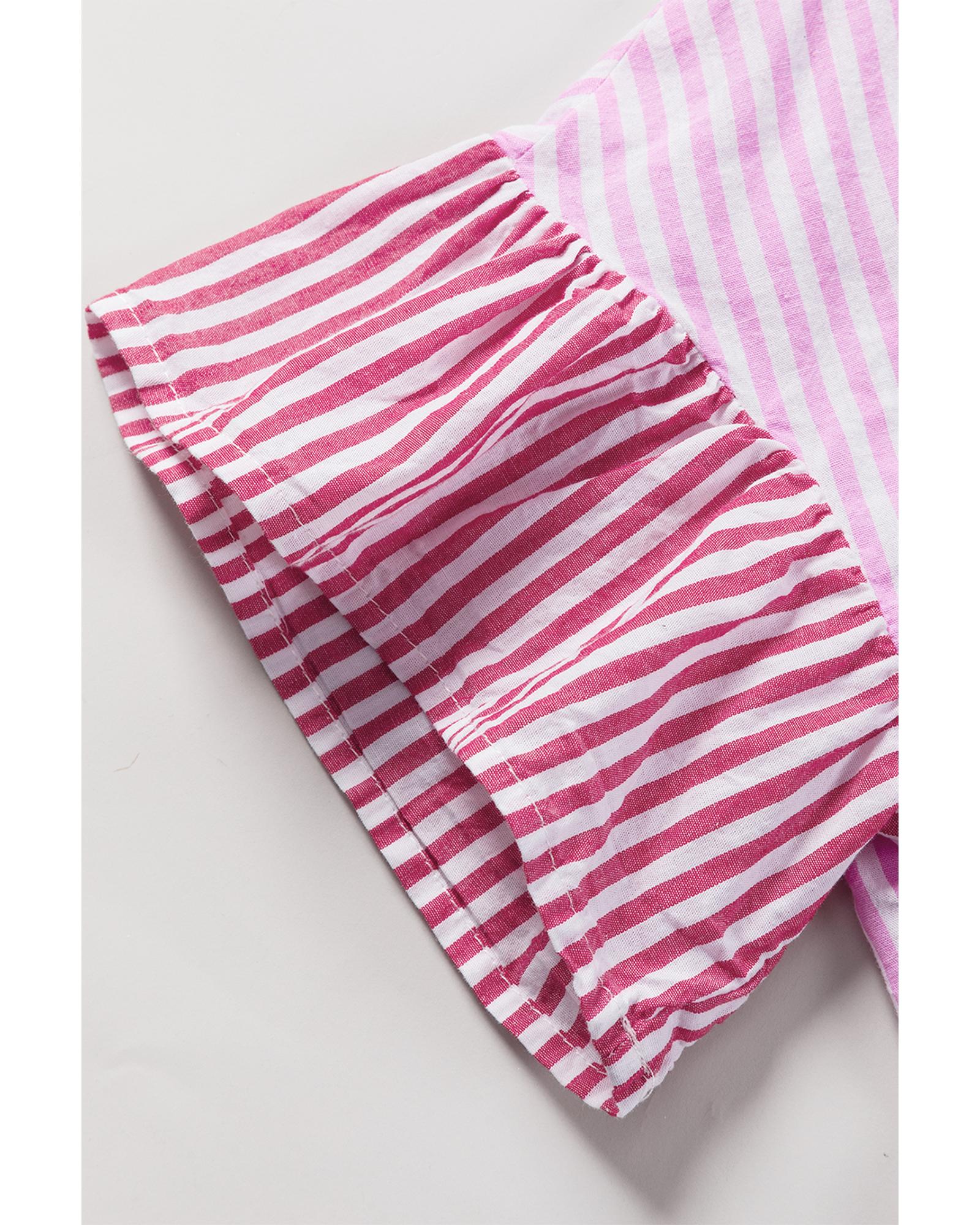 V539-AZEXDC2554614-P1019-M-202508281510-00 Pink Stripe Striped Patchwork Ruffled Hem Button up Shirt - M - Image 1