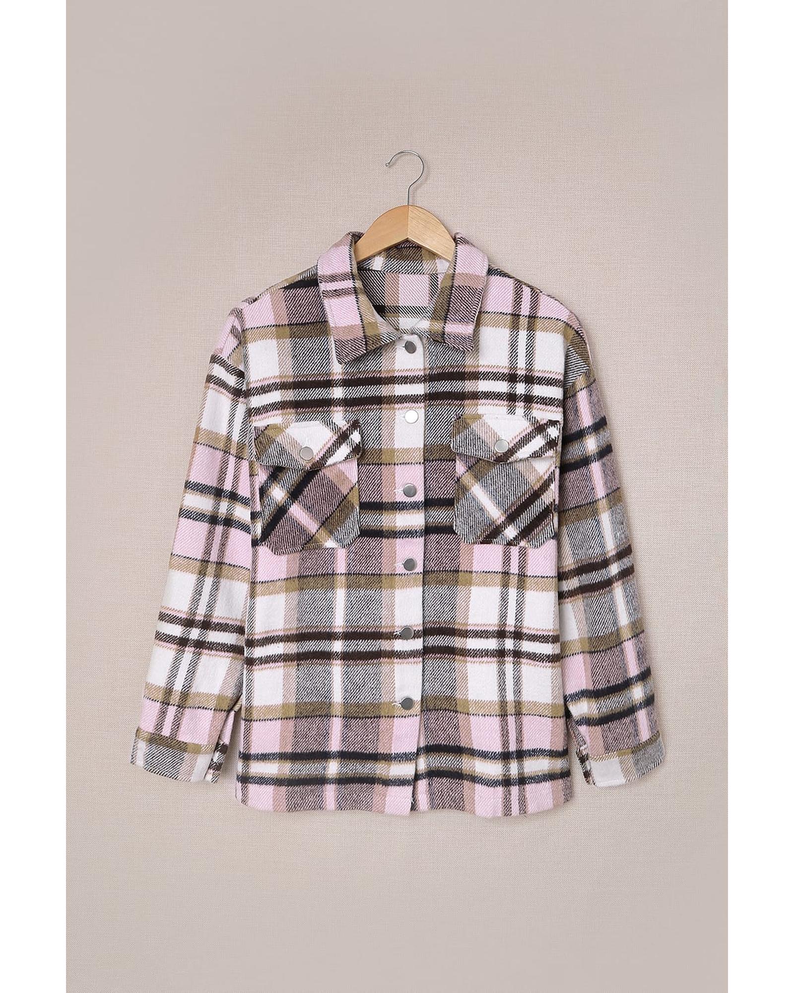V539-AZEXDC255462-10-M-202508291620-00 Azura Exchange Pink Geometric Plaid Print Pocketed Shacket - M - Image 1