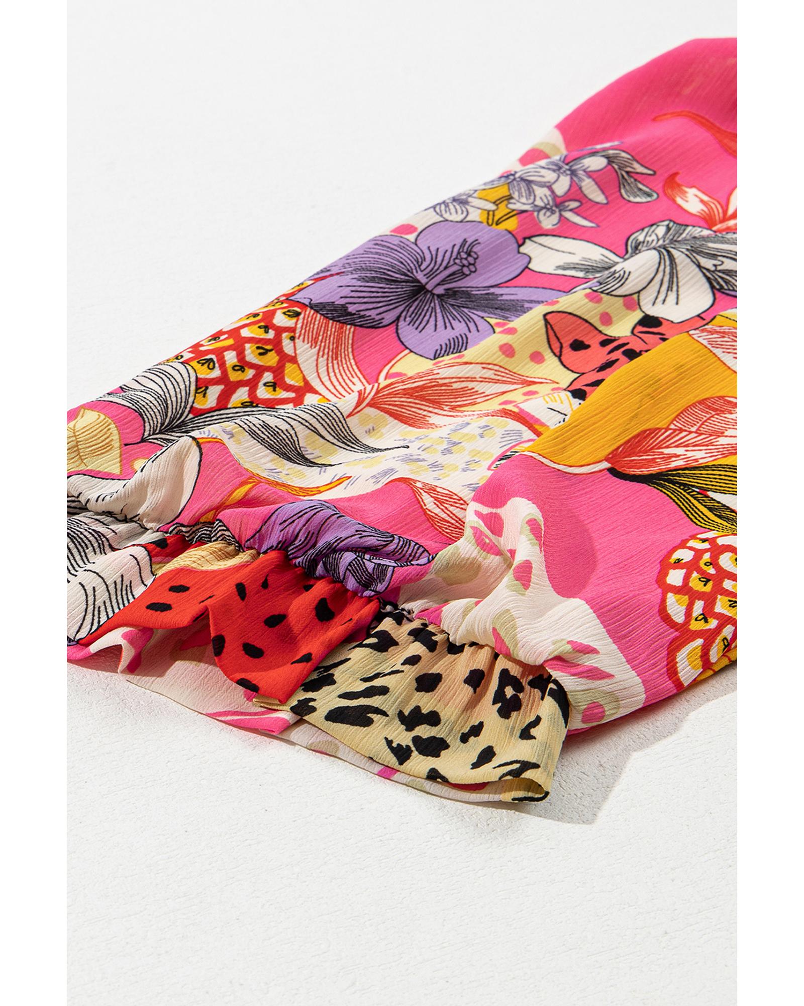 V539-AZEXDC2555408-P320-L-202508280930-00 Red Abstract Floral Print Buttoned Ruffled Bubble Sleeve Shirt - L - Image 1