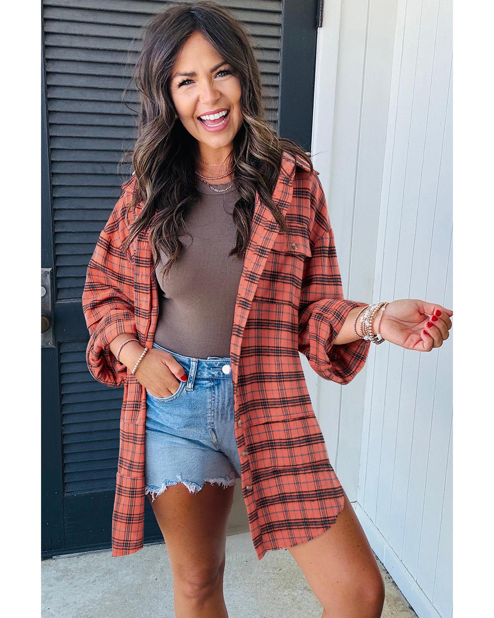 V539-AZEXDC2555605-P320-XL-202508300025-00 Red Plaid Long Sleeeve Side Split Distressed Hem Shirt - XL - Image 1