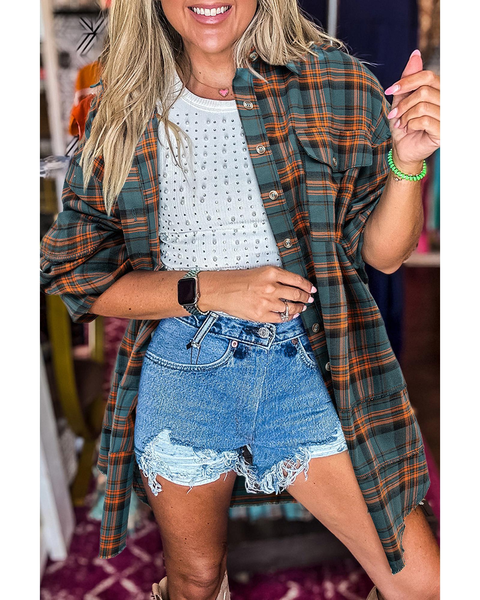 V539-AZEXDC2555605-P920-XL-202508281150-00 Green Plaid Long Sleeeve Side Split Distressed Hem Shirt - XL - Image 1