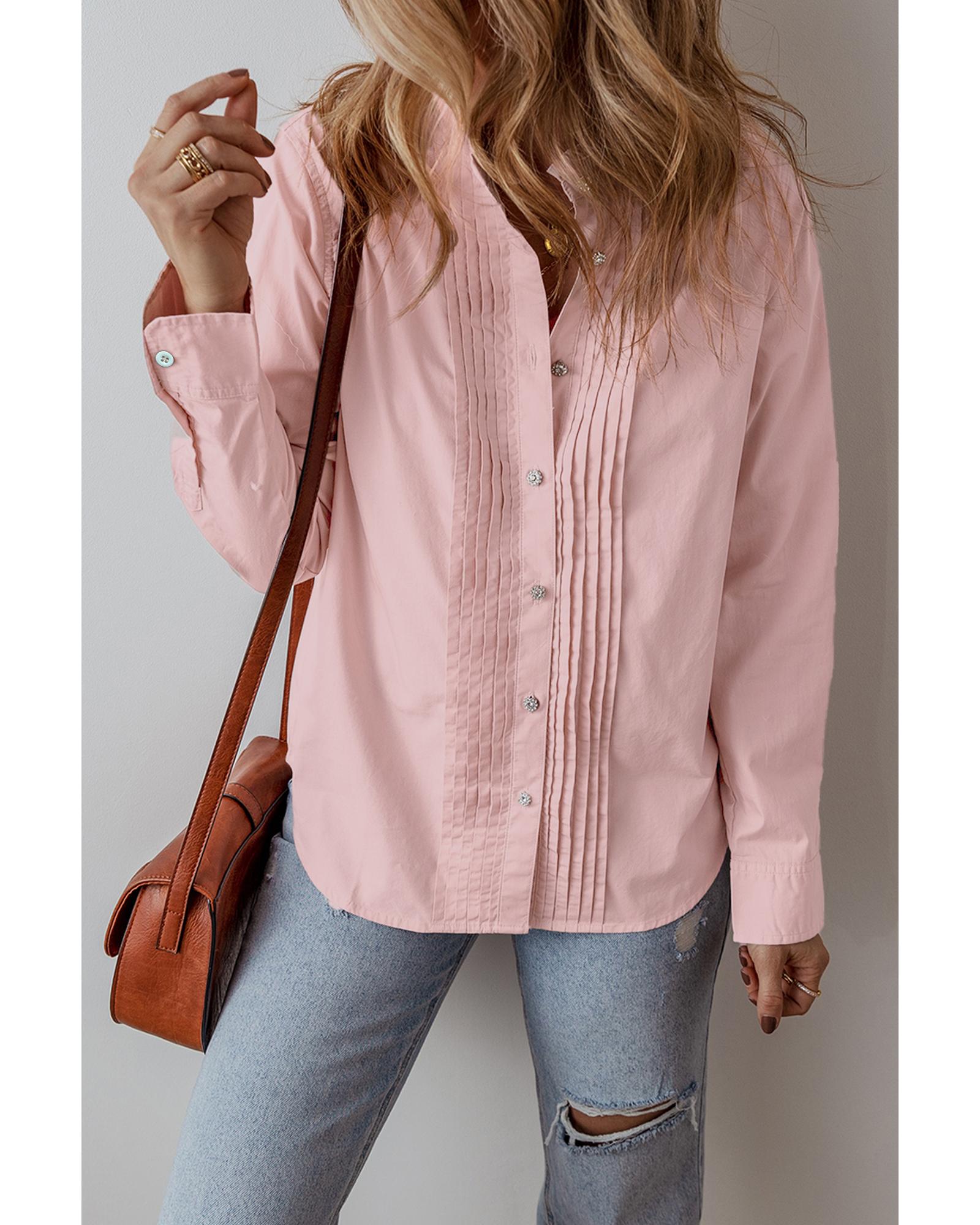 V539-AZEXDC2555754-P1010-S-202506131332-00 Light Pink Pleated Button-Up Loose Fit Casual Shirt - S - Image 1