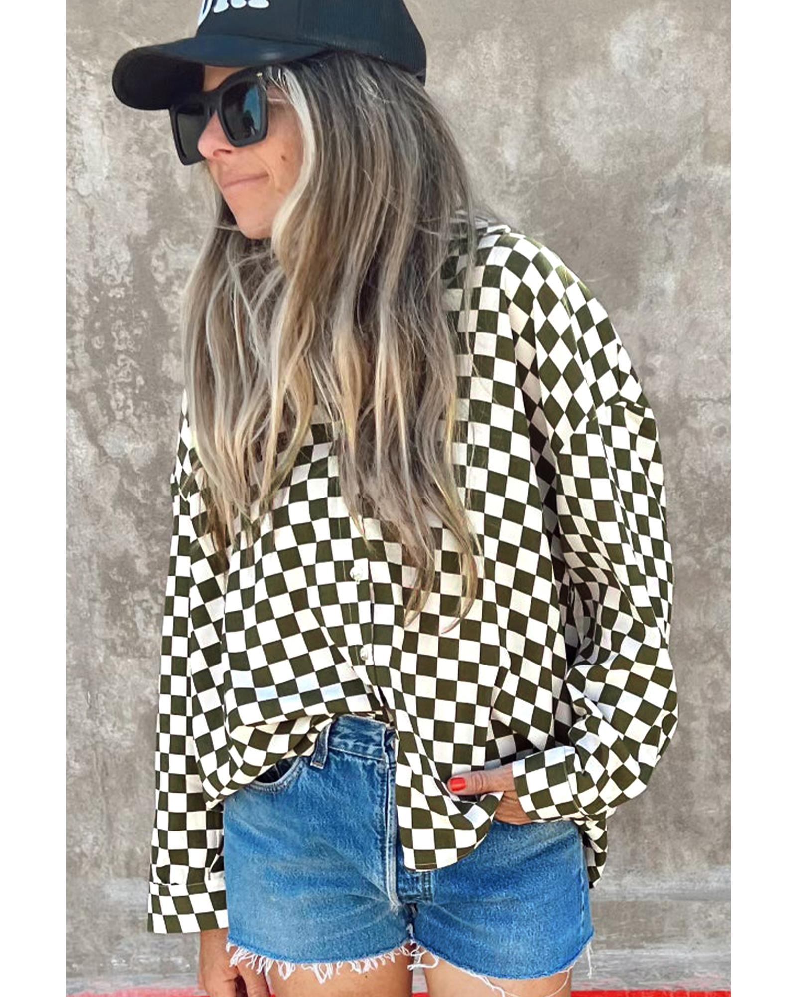 V539-AZEXDC2555761-P920-M-202508282355-00 Green Checkerboard Printed Drop Shoulder Loose Casual Shirt - M - Image 1
