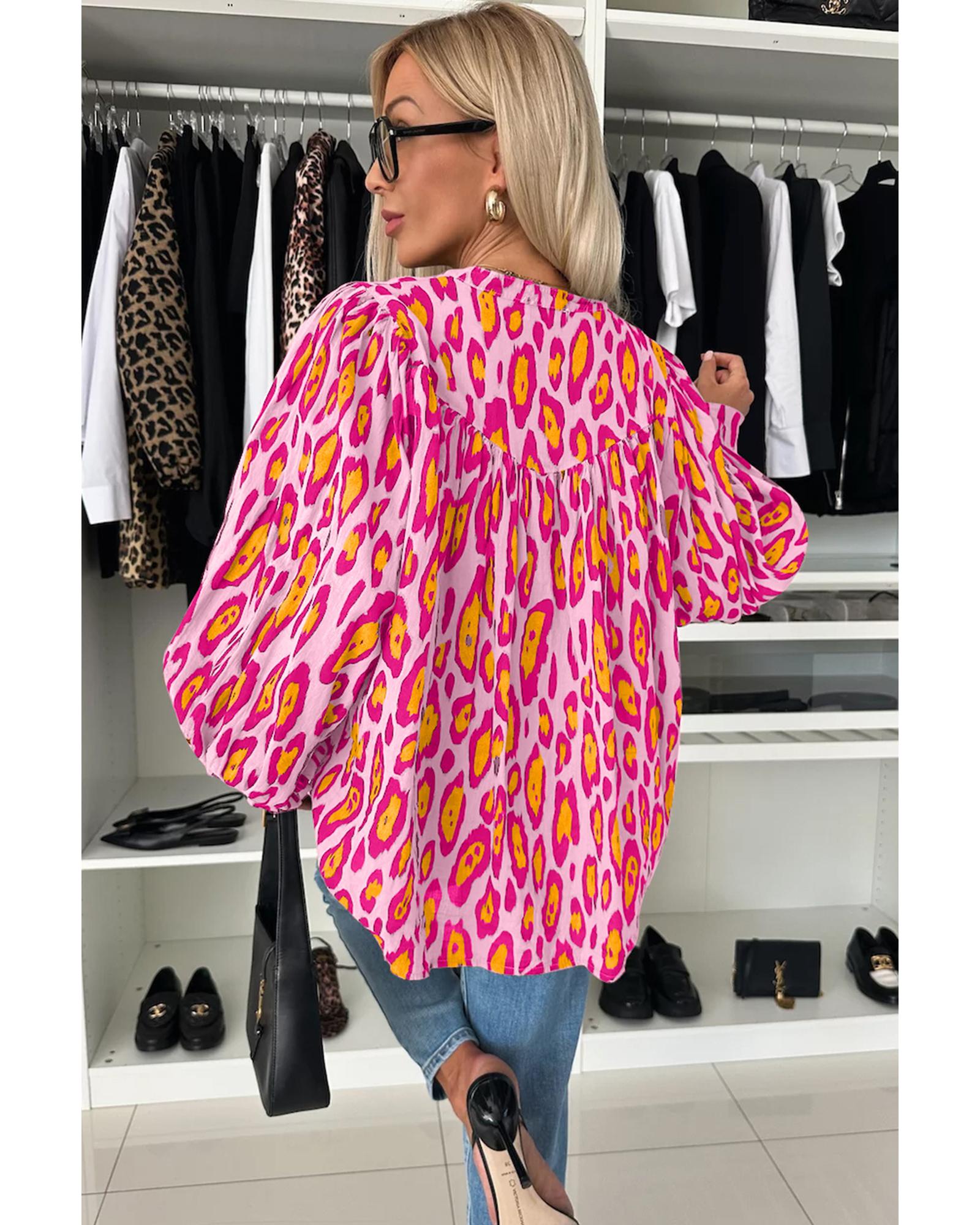 V539-AZEXDC2555762-P6-M-202508282025-00 Rose Red Oversized Leopard Print Balloon Sleeve Casual Shirt - M - Image 1