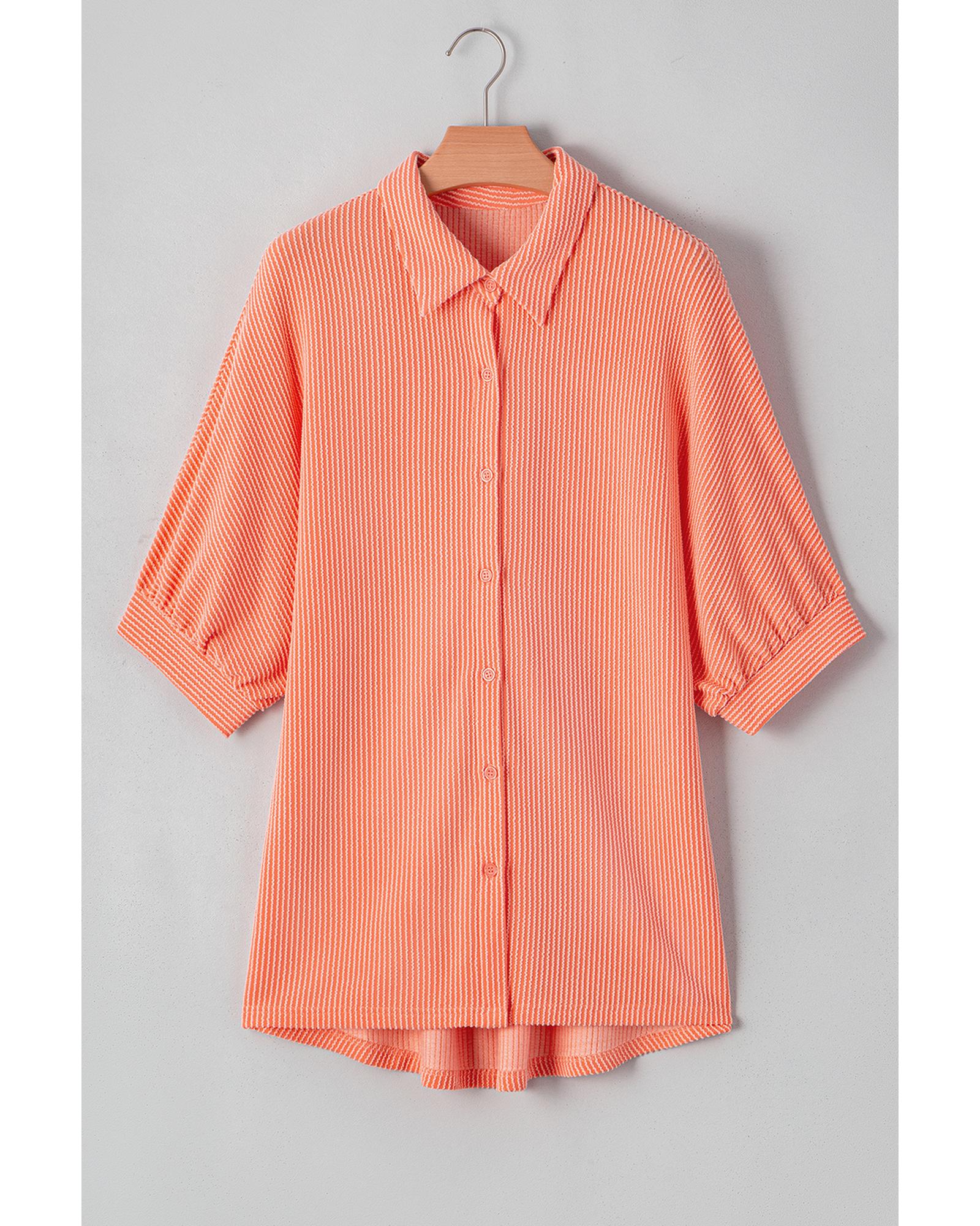 V539-AZEXDC2555853-P3014-S-202506131421-00 Grapefruit Orange Corded Half Sleeve Button Up High Low Hem Loose Shirt - S - Image 1